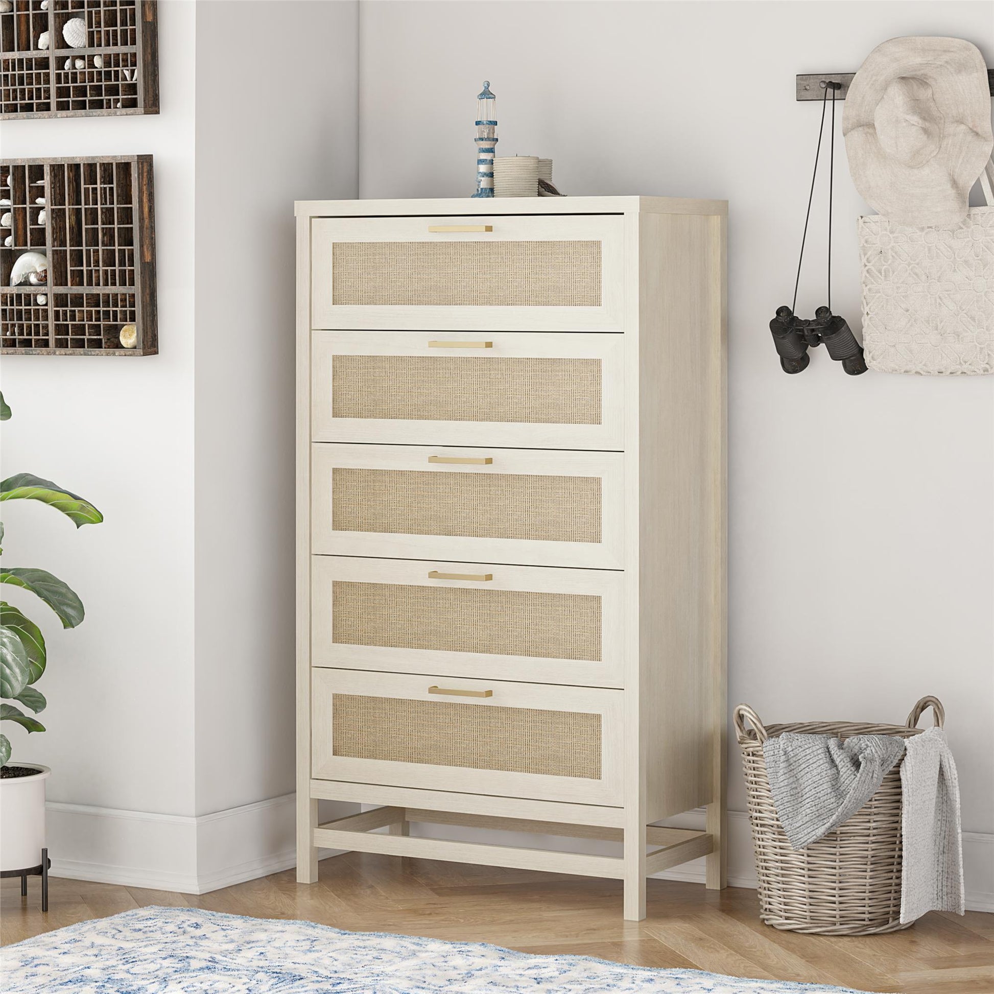 Lennon 5 Drawer Dresser with Faux Rattan and Gold Metal Handles - Ivory Oak