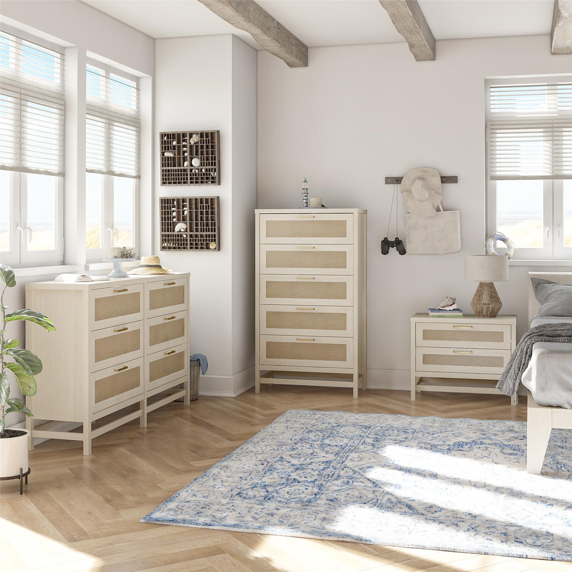 Lennon 5 Drawer Dresser with Faux Rattan and Gold Metal Handles - Ivory Oak