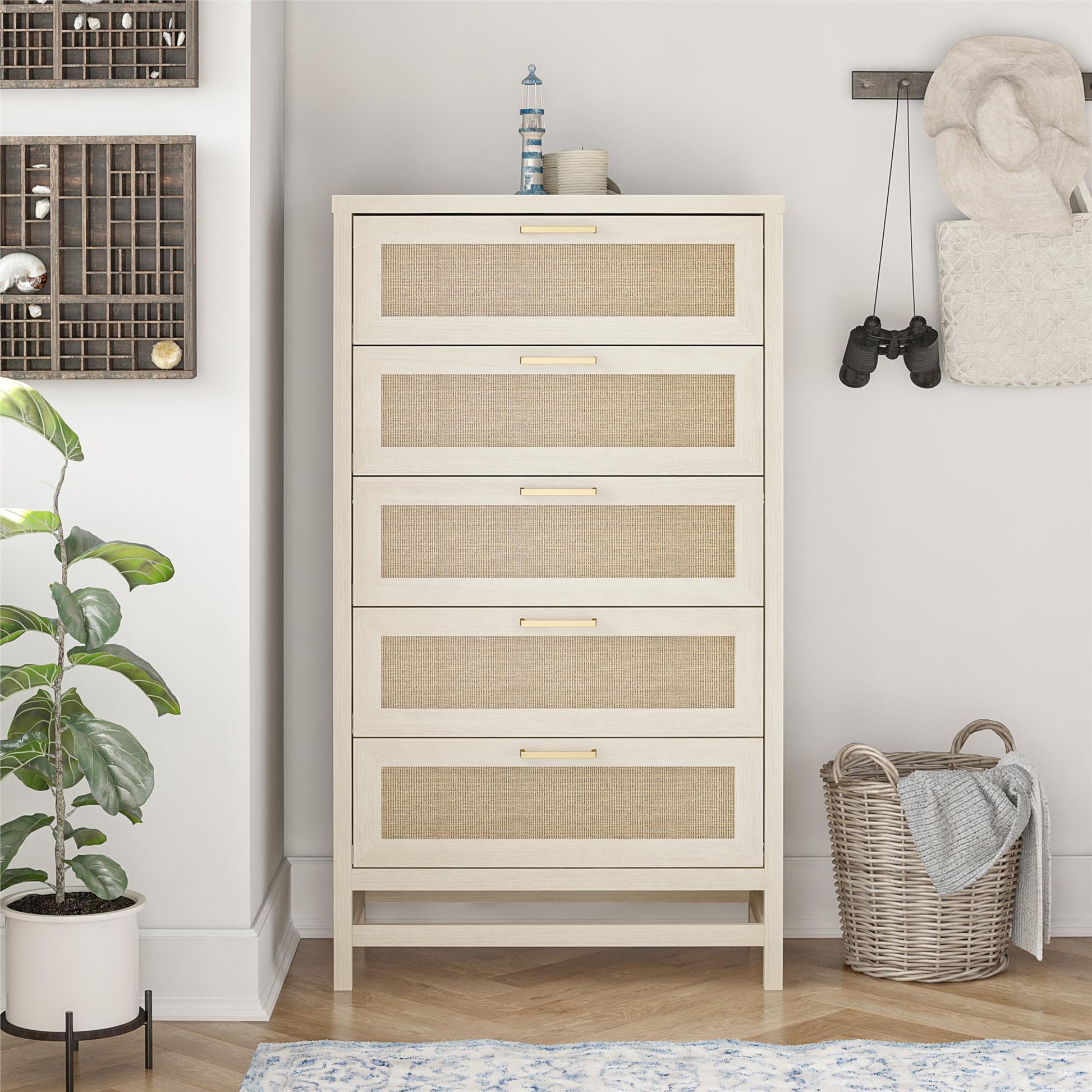Lennon 5 Drawer Dresser with Faux Rattan and Gold Metal Handles - Ivory Oak