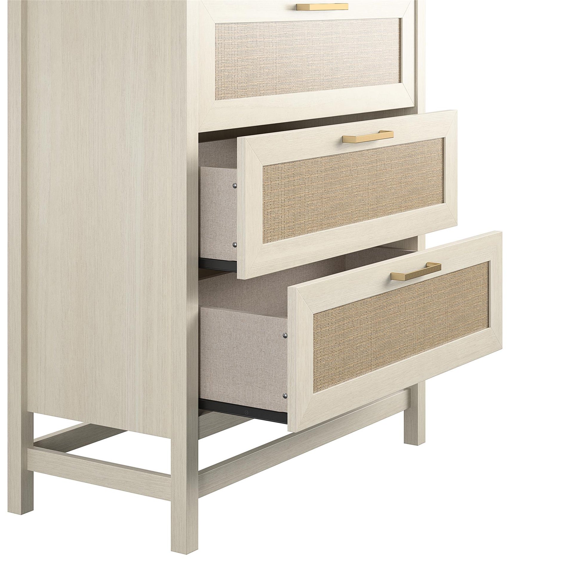 Lennon 5 Drawer Dresser with Faux Rattan and Gold Metal Handles - Ivory Oak