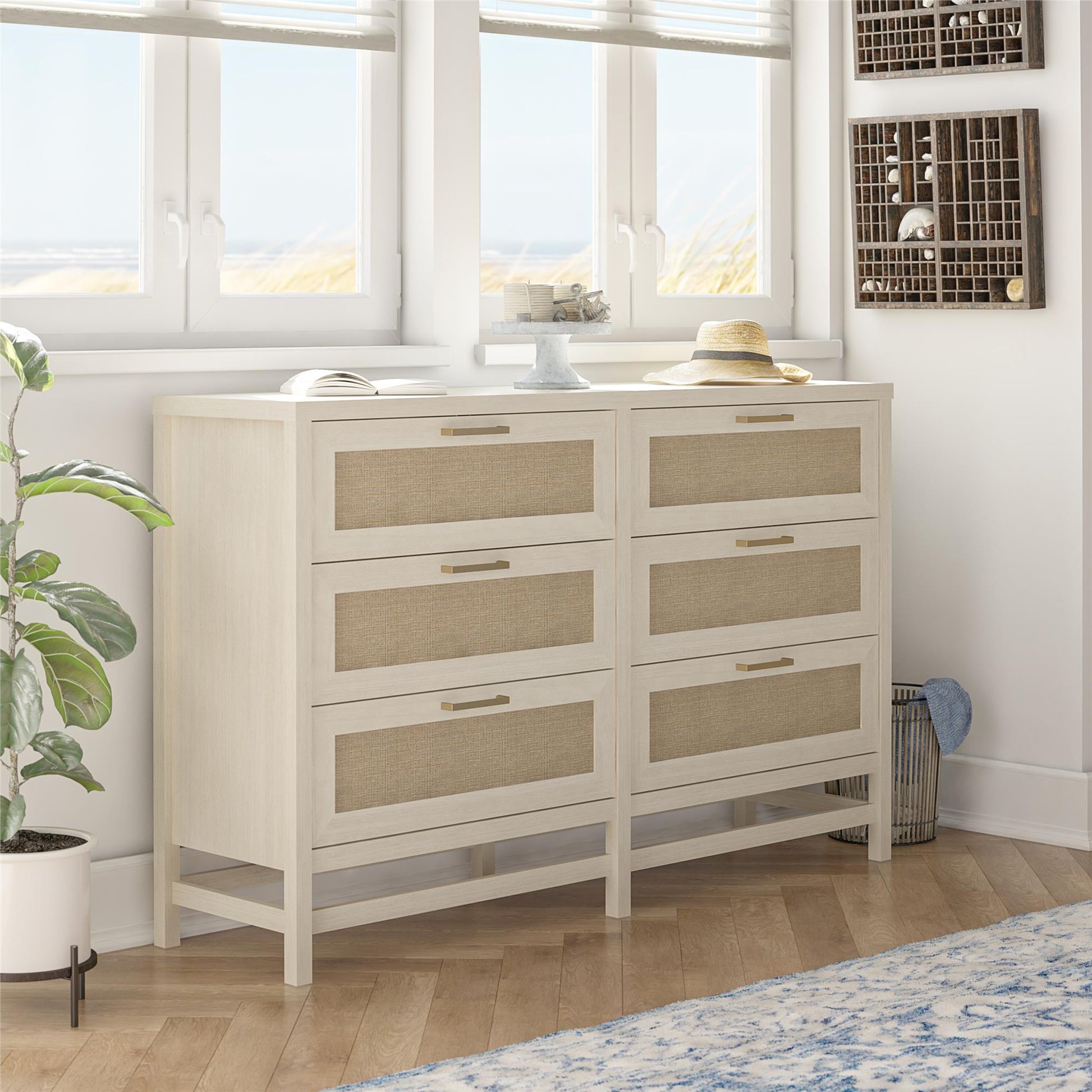 Lennon 6 Drawer Dresser with Faux Rattan and Gold Metal Handles - Ivory Oak