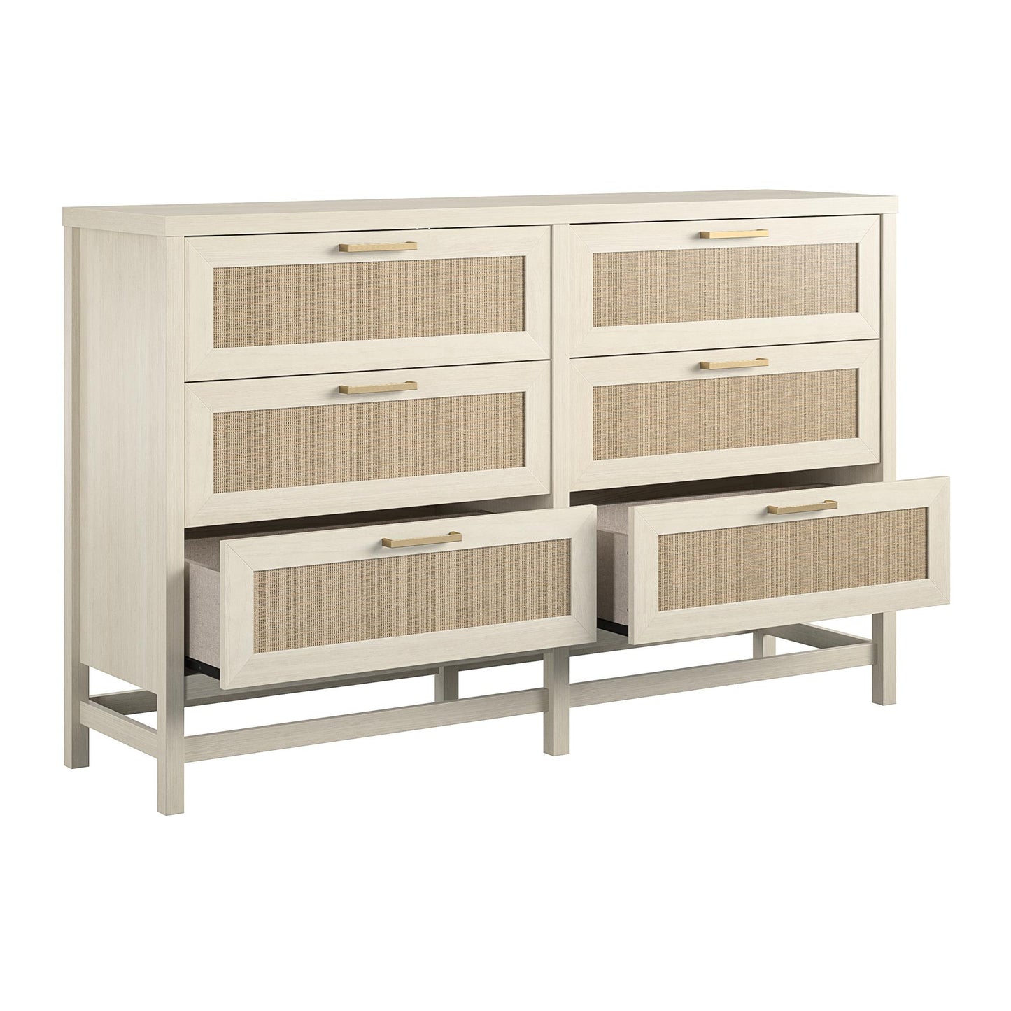 Lennon 6 Drawer Dresser with Faux Rattan and Gold Metal Handles - Ivory Oak