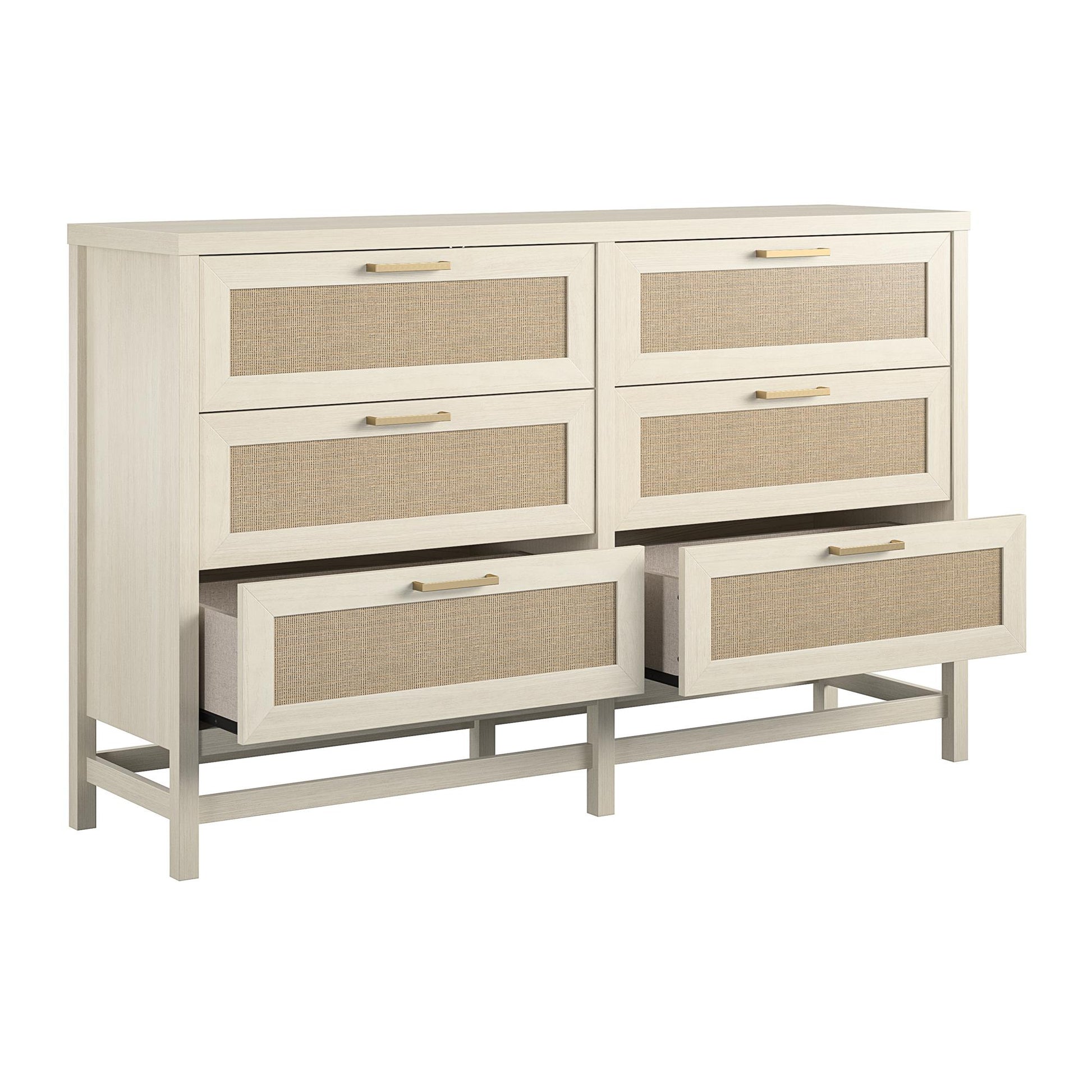 Lennon 6 Drawer Dresser with Faux Rattan and Gold Metal Handles - Ivory Oak