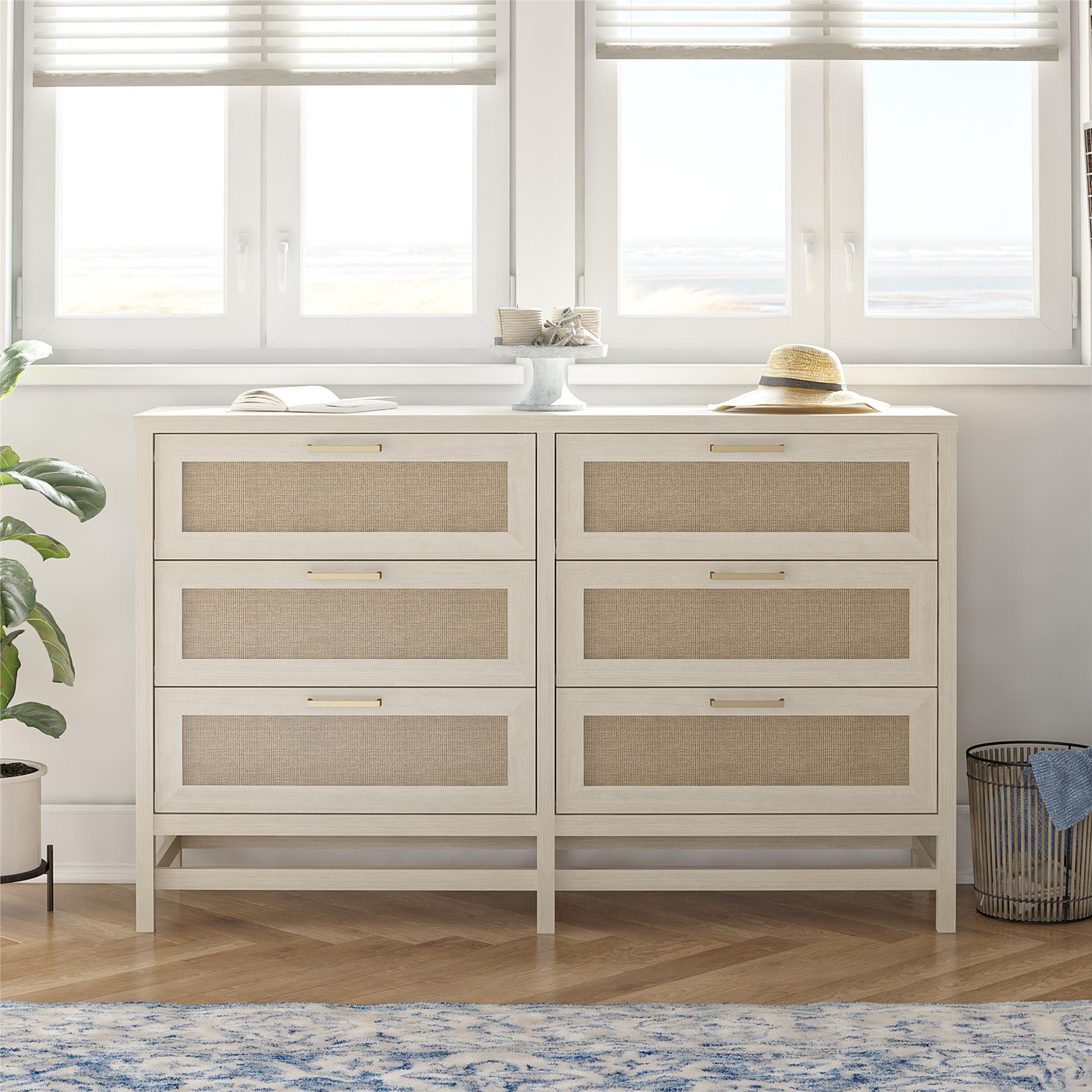 Lennon 6 Drawer Dresser with Faux Rattan and Gold Metal Handles - Ivory Oak