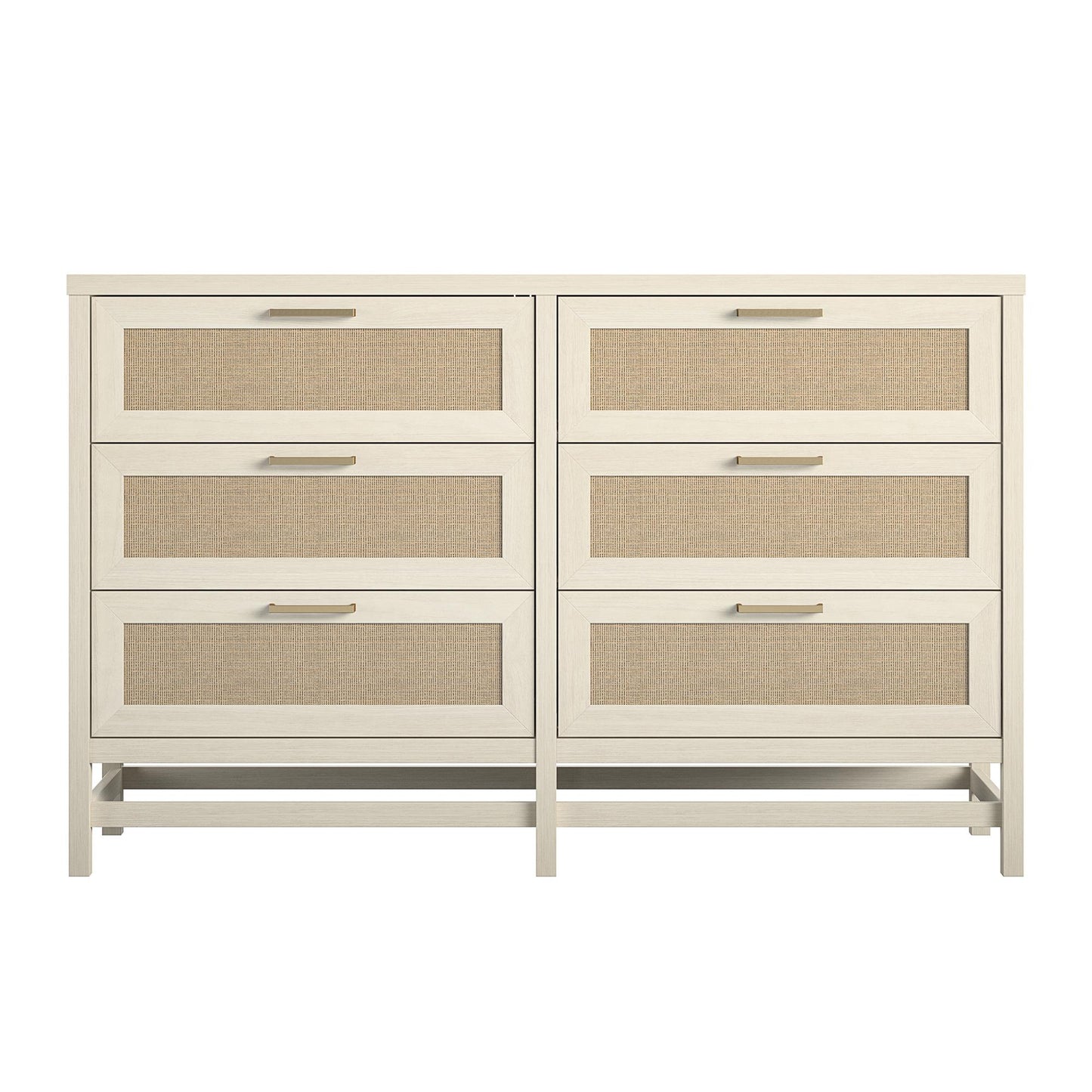 Lennon 6 Drawer Dresser with Faux Rattan and Gold Metal Handles - Ivory Oak