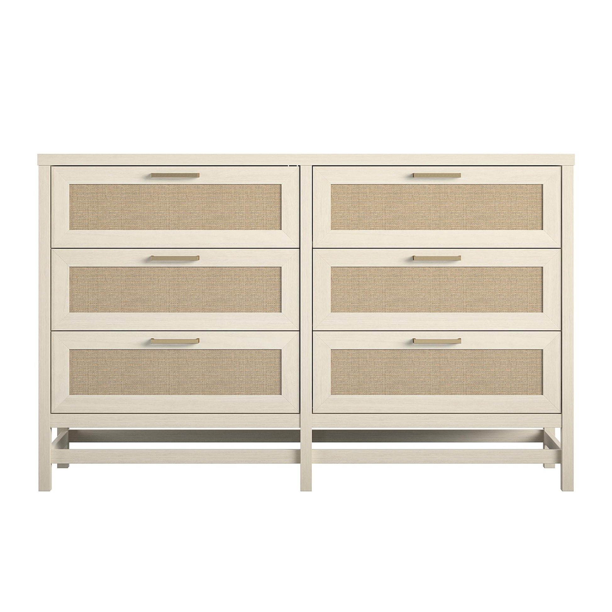 Lennon 6 Drawer Dresser with Faux Rattan and Gold Metal Handles - Ivory Oak
