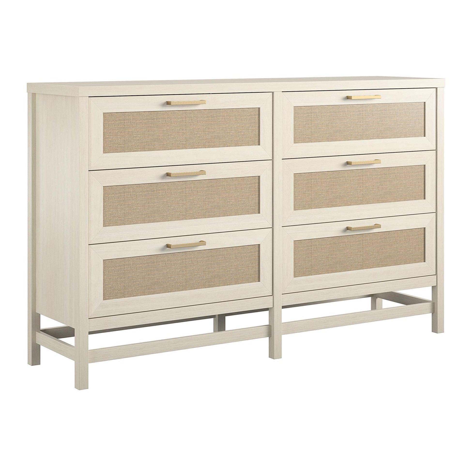 Lennon 6 Drawer Dresser with Faux Rattan and Gold Metal Handles - Ivory Oak