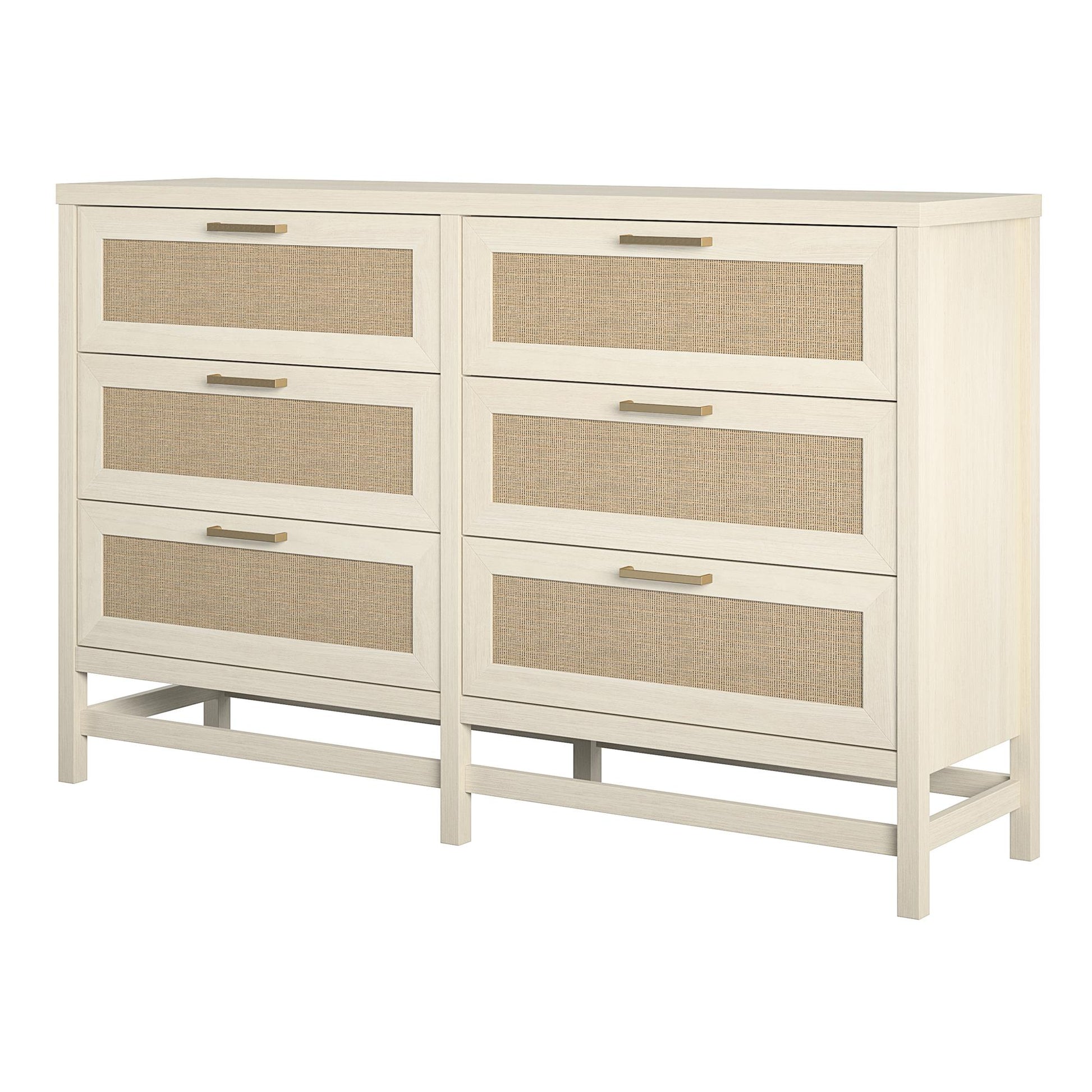 Lennon 6 Drawer Dresser with Faux Rattan and Gold Metal Handles - Ivory Oak