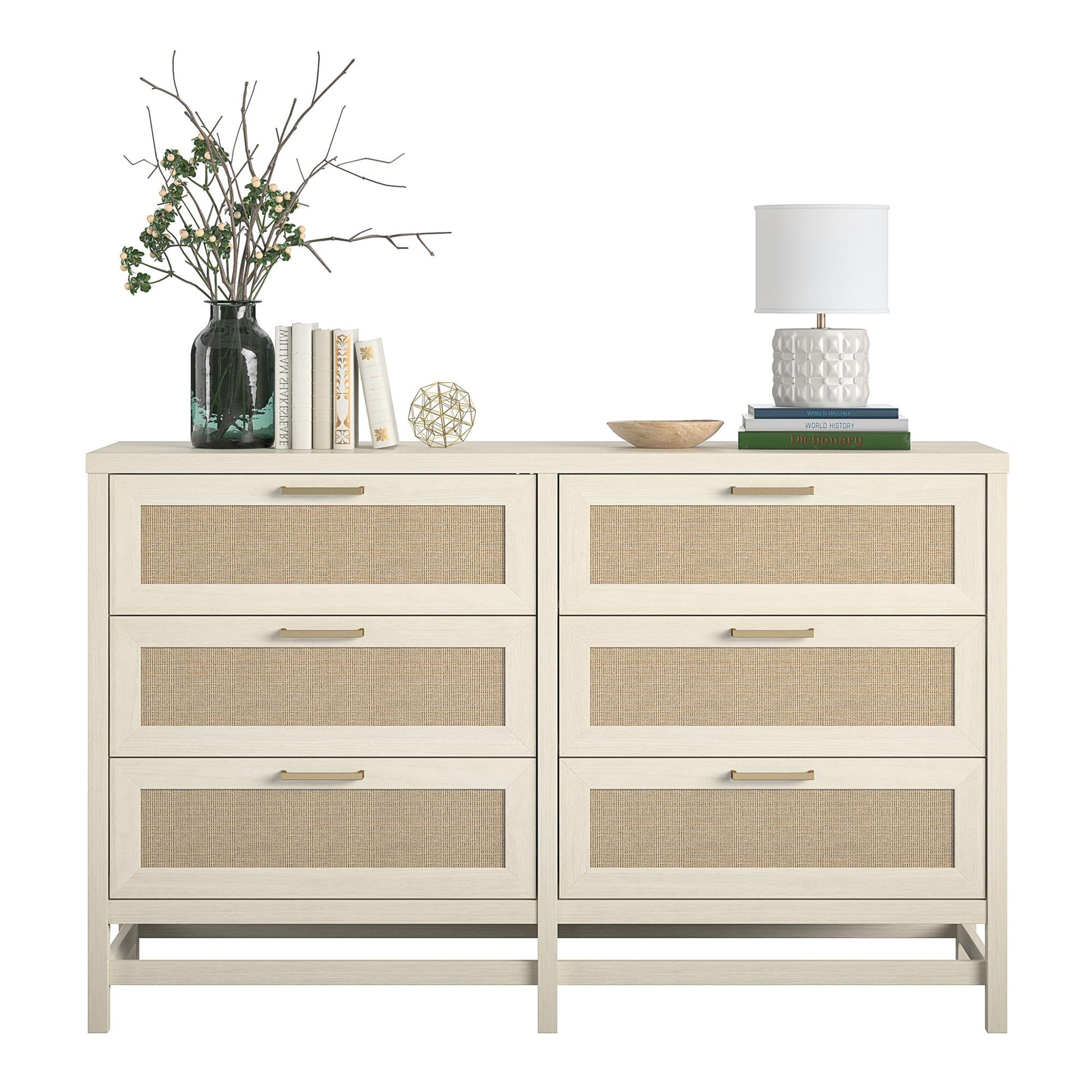 Lennon 6 Drawer Dresser with Faux Rattan and Gold Metal Handles - Ivory Oak