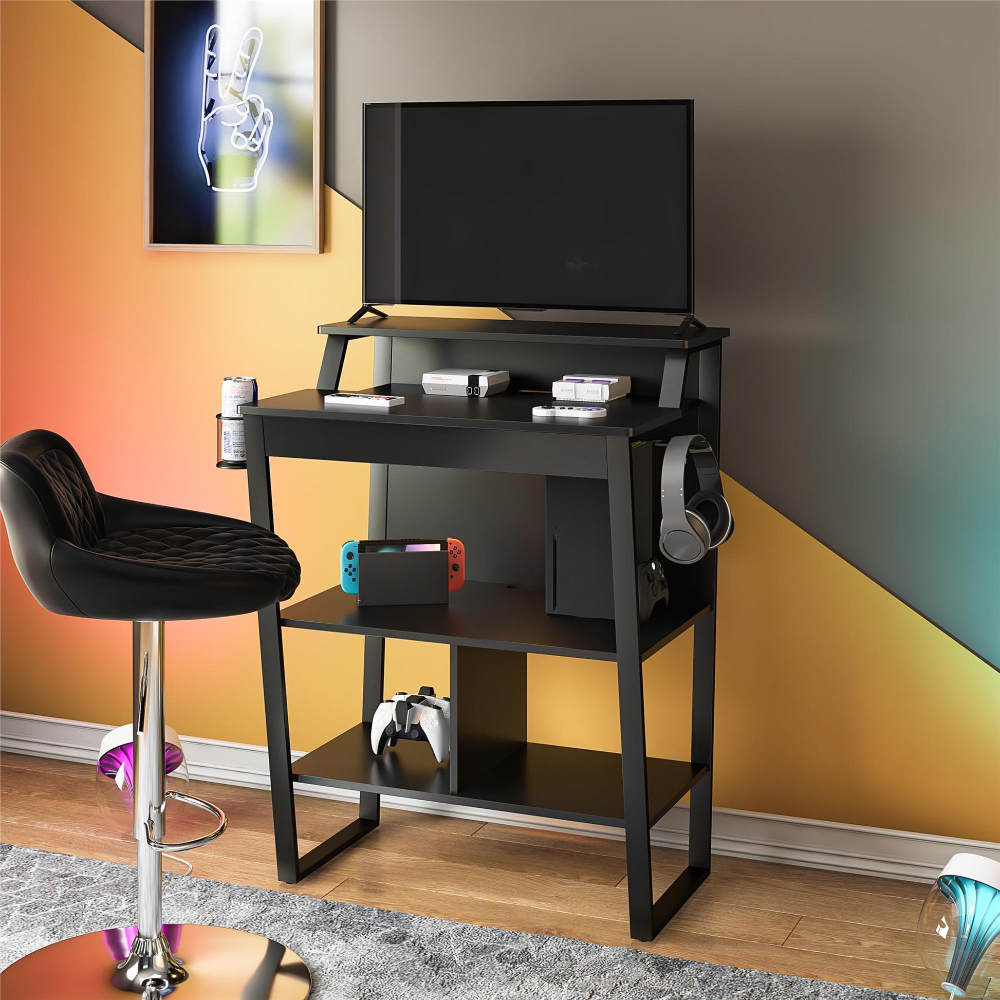 Genesis Standing Gaming Desk or Arcade Stand with LED Lights - Black