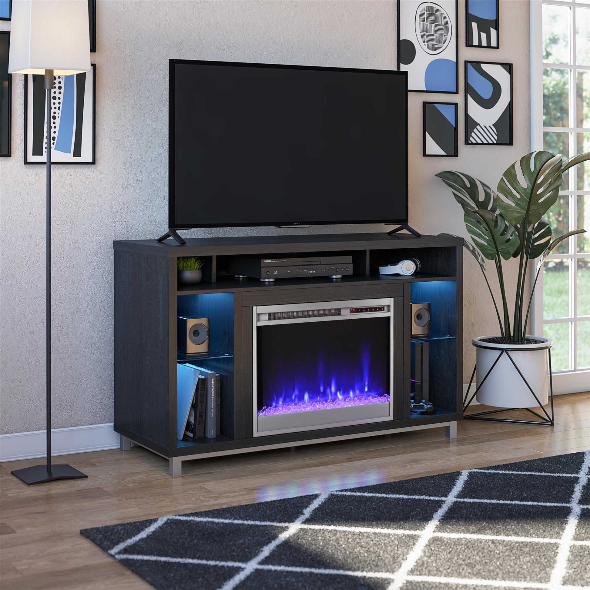 Lumina Fireplace TV Stand for TVs up to 48 Inch with 7 Color LED Lights - Black Oak - 46”-50”
