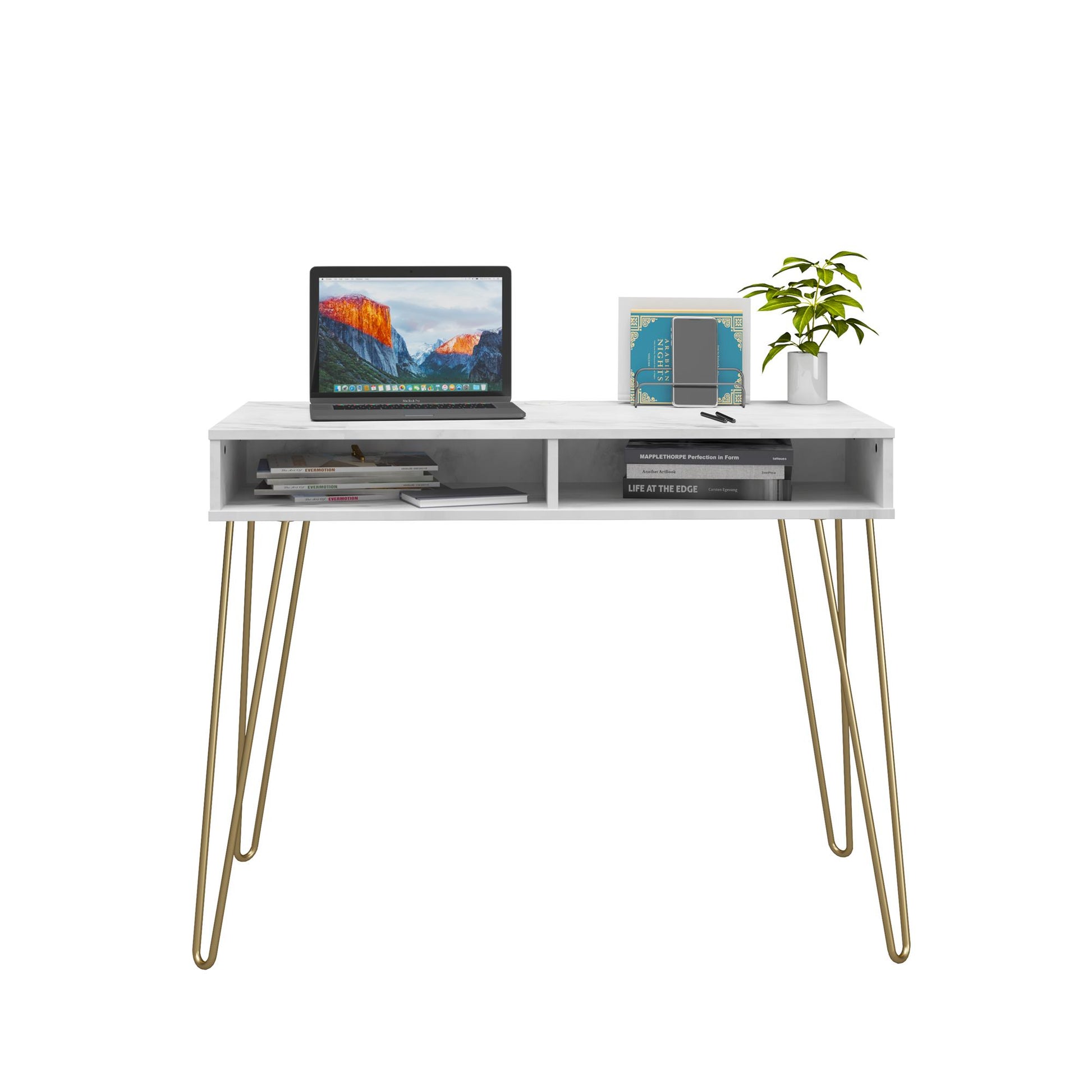 Athena Computer Desk with Storage - White marble