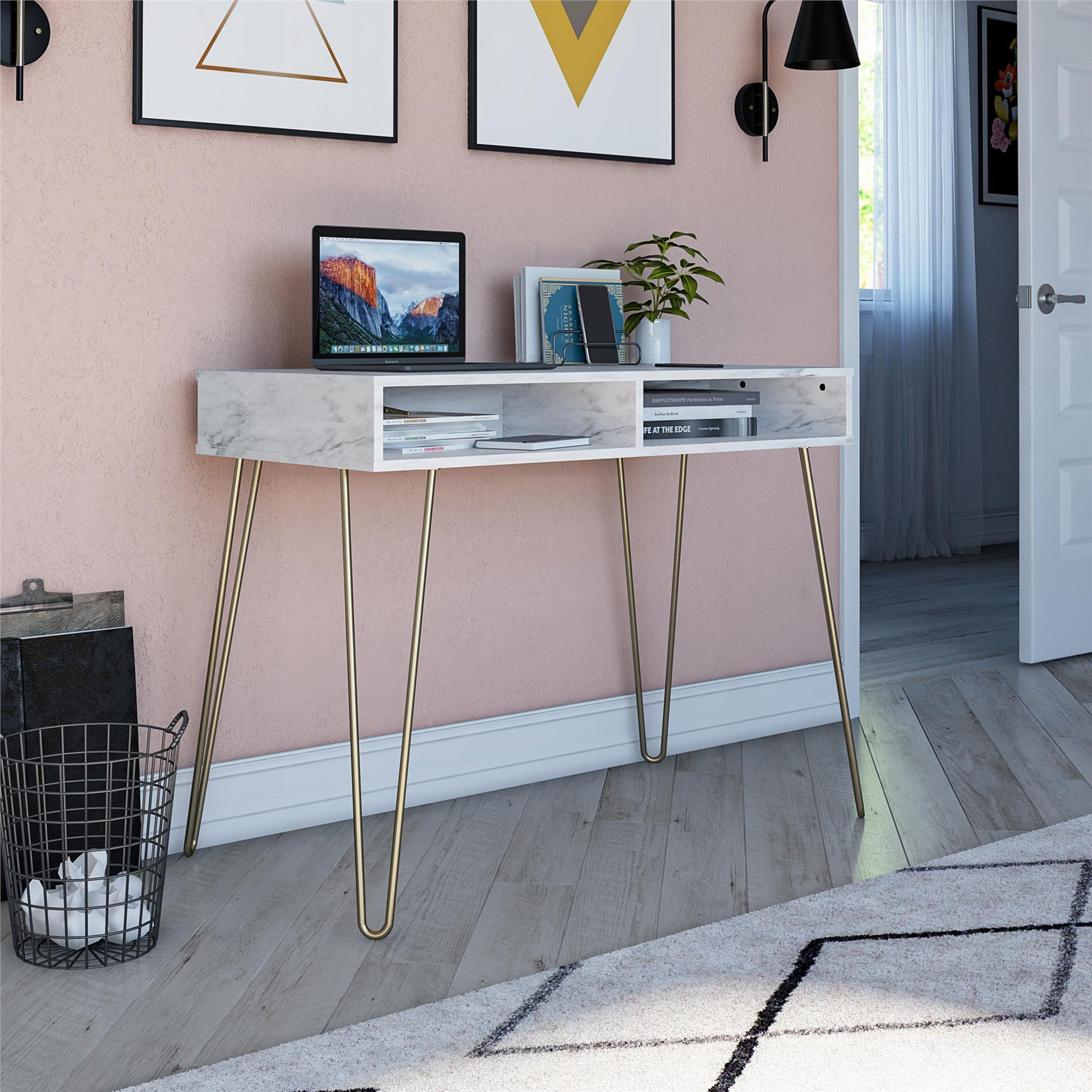 Athena Computer Desk with Storage - White marble