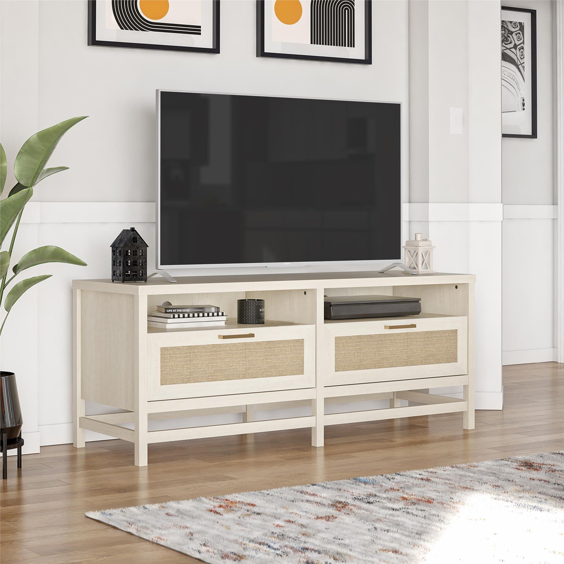 Lennon TV Stand for TVs up to 60 Inch with Faux Rattan and 2 Large Drawers - Ivory Oak