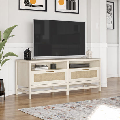 Lennon TV Stand for TVs up to 60 Inch with Faux Rattan and 2 Large Drawers - Ivory Oak