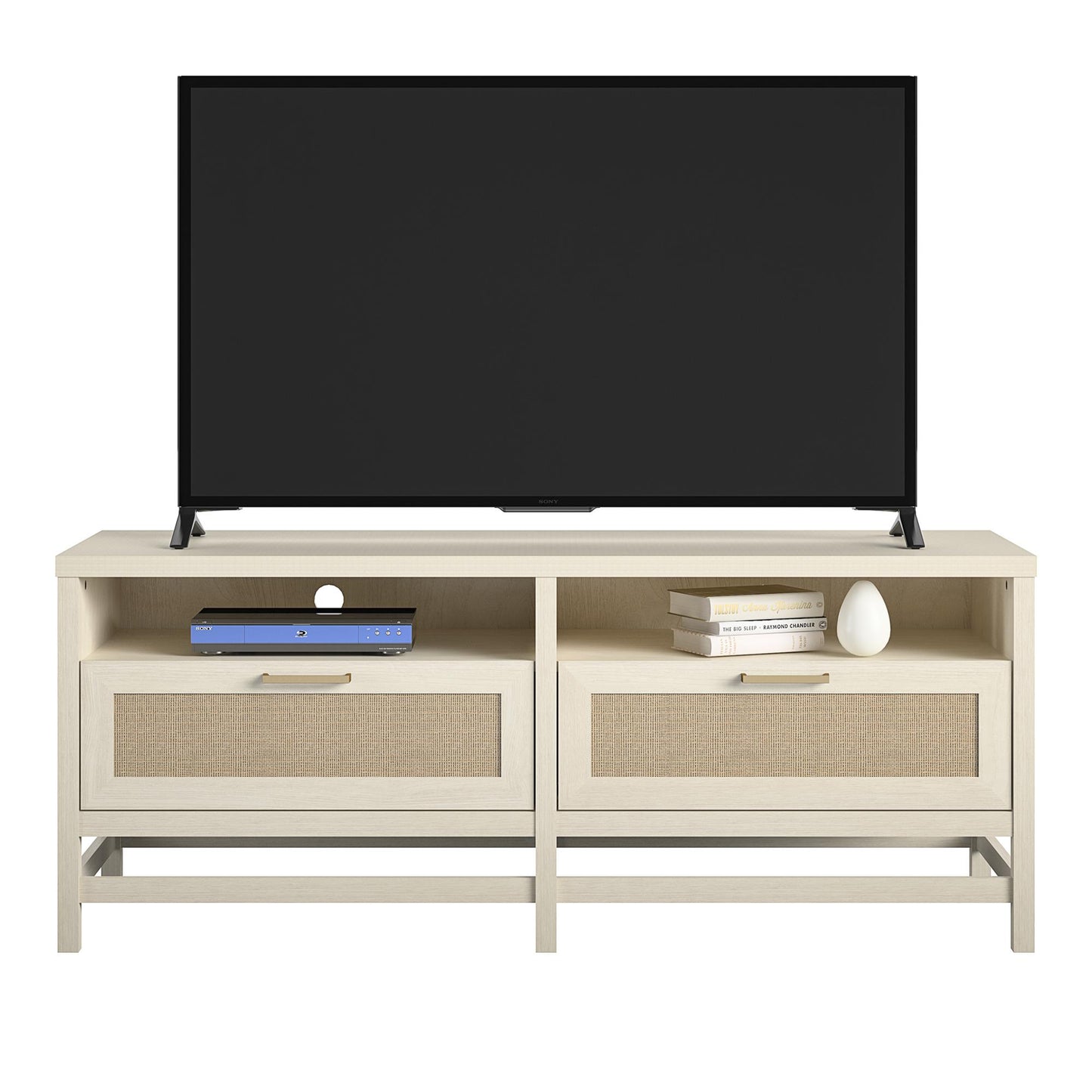 Lennon TV Stand for TVs up to 60 Inch with Faux Rattan and 2 Large Drawers - Ivory Oak