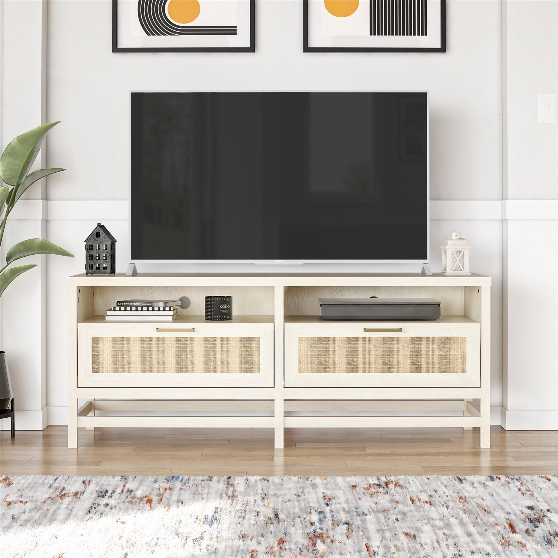 Lennon TV Stand for TVs up to 60 Inch with Faux Rattan and 2 Large Drawers - Ivory Oak