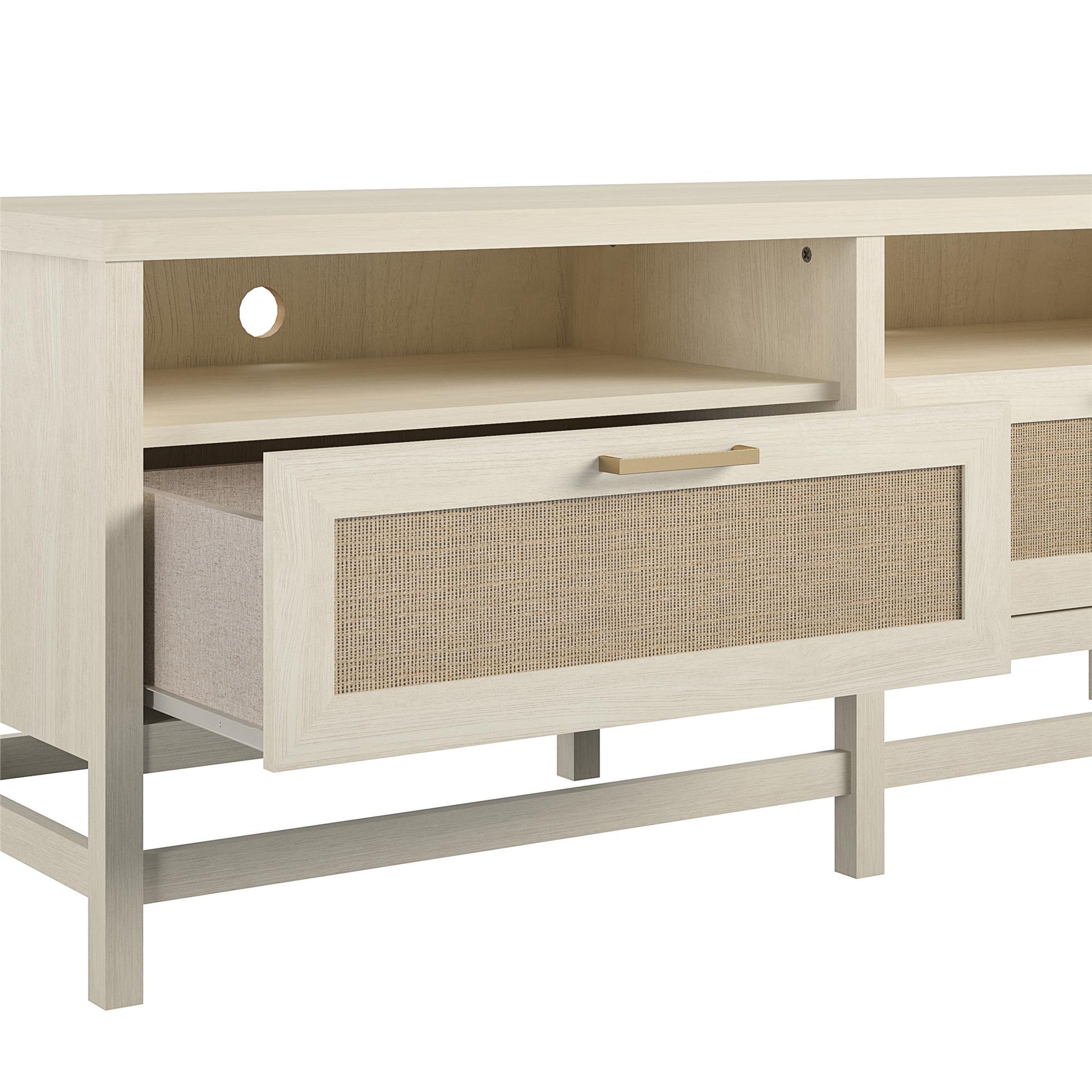 Lennon TV Stand for TVs up to 60 Inch with Faux Rattan and 2 Large Drawers - Ivory Oak
