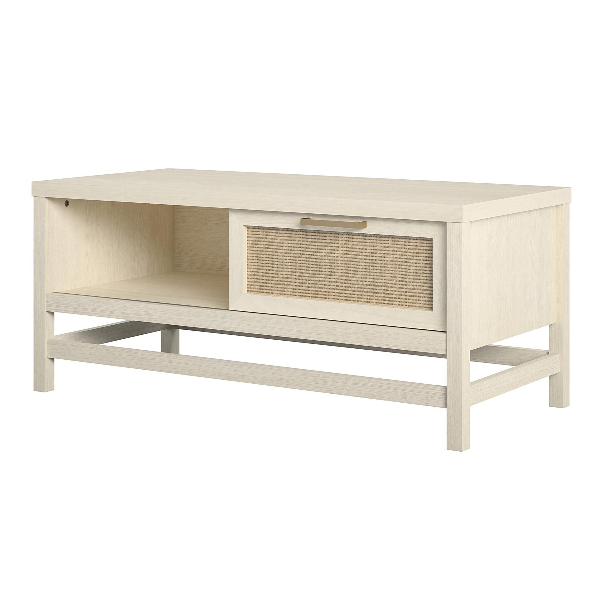 Lennon Coffee Table with Faux Rattan and Sliding Door - Ivory Oak
