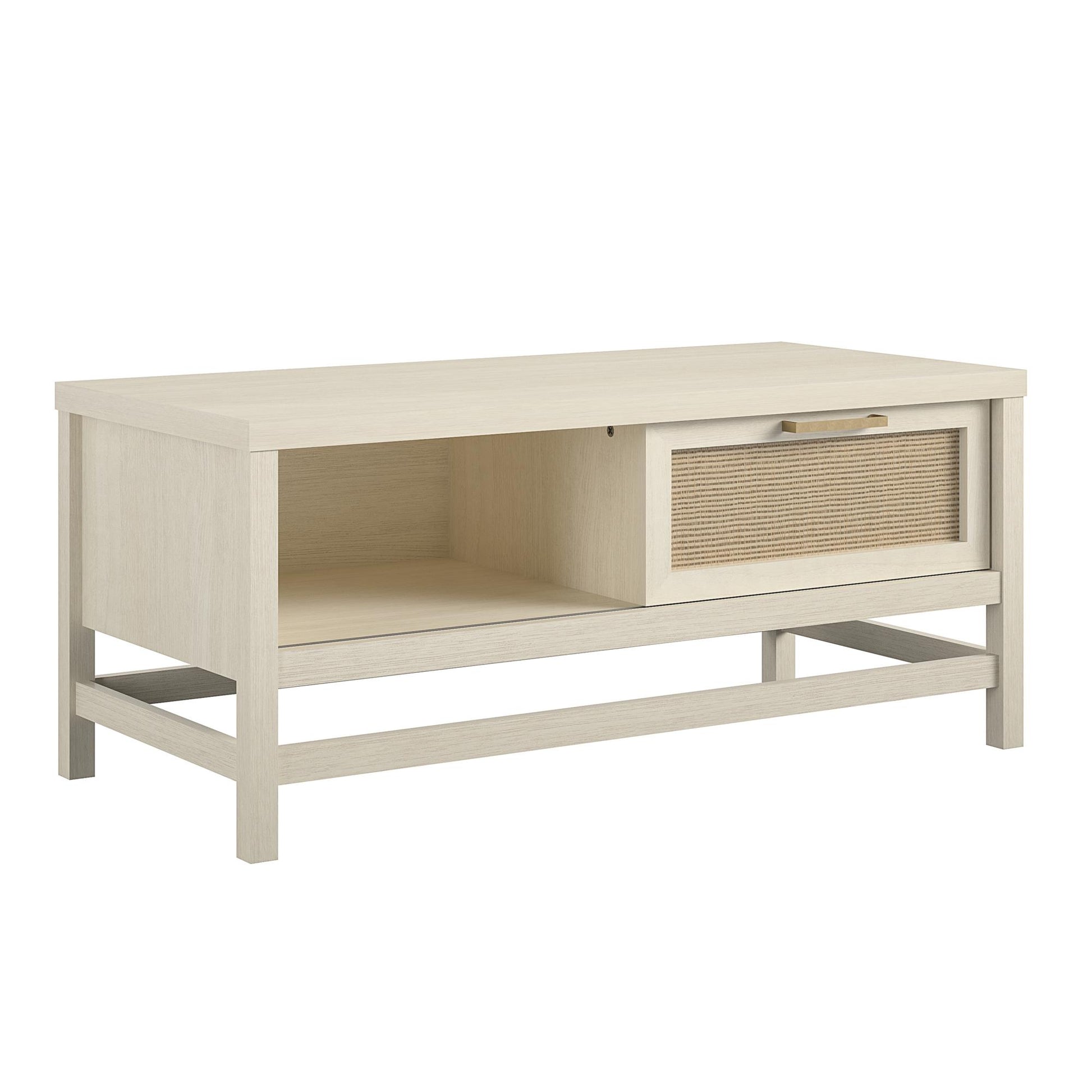 Lennon Coffee Table with Faux Rattan and Sliding Door - Ivory Oak