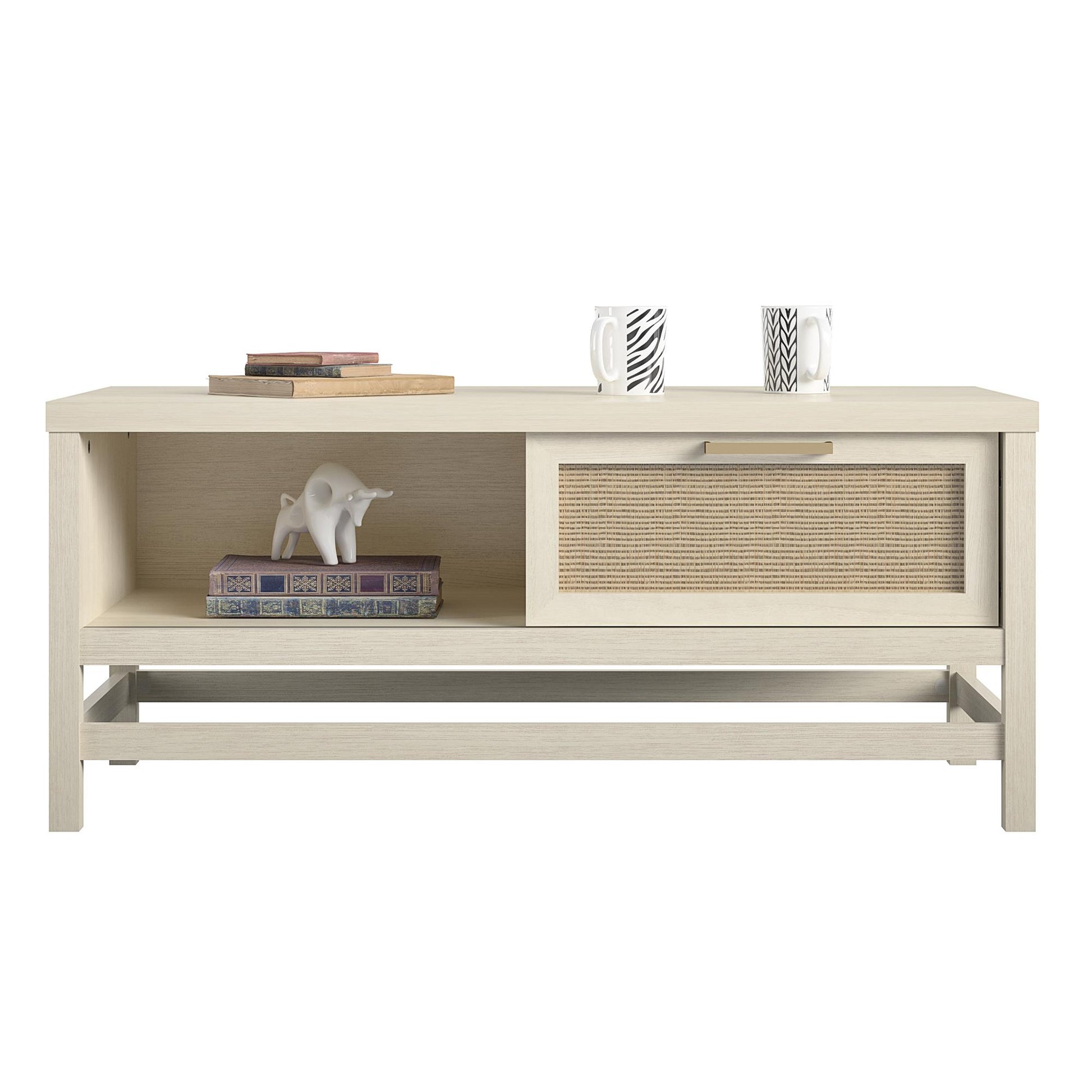 Lennon Coffee Table with Faux Rattan and Sliding Door - Ivory Oak