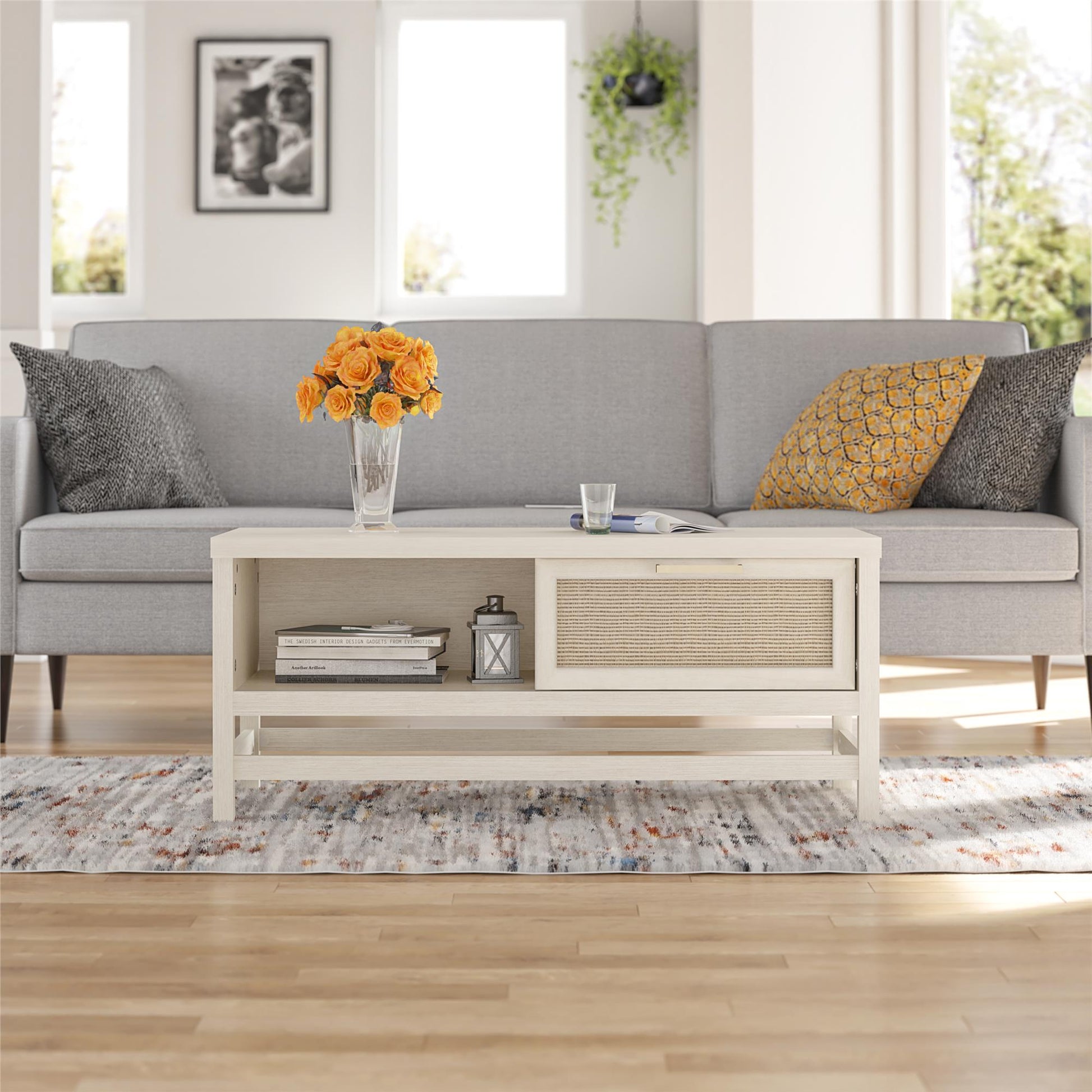 Lennon Coffee Table with Faux Rattan and Sliding Door - Ivory Oak