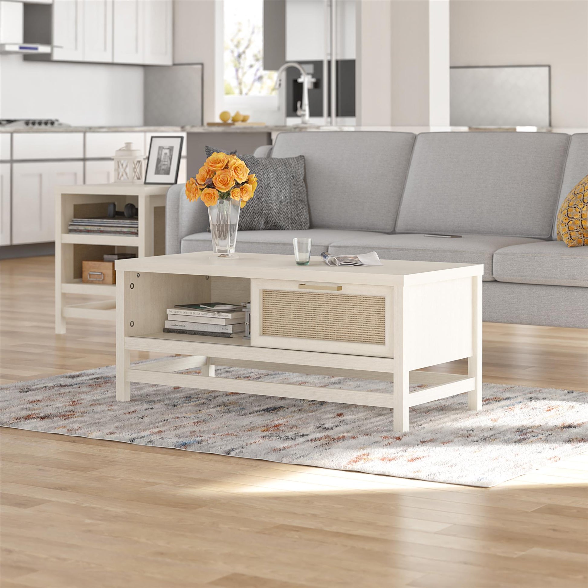 Lennon Coffee Table with Faux Rattan and Sliding Door - Ivory Oak