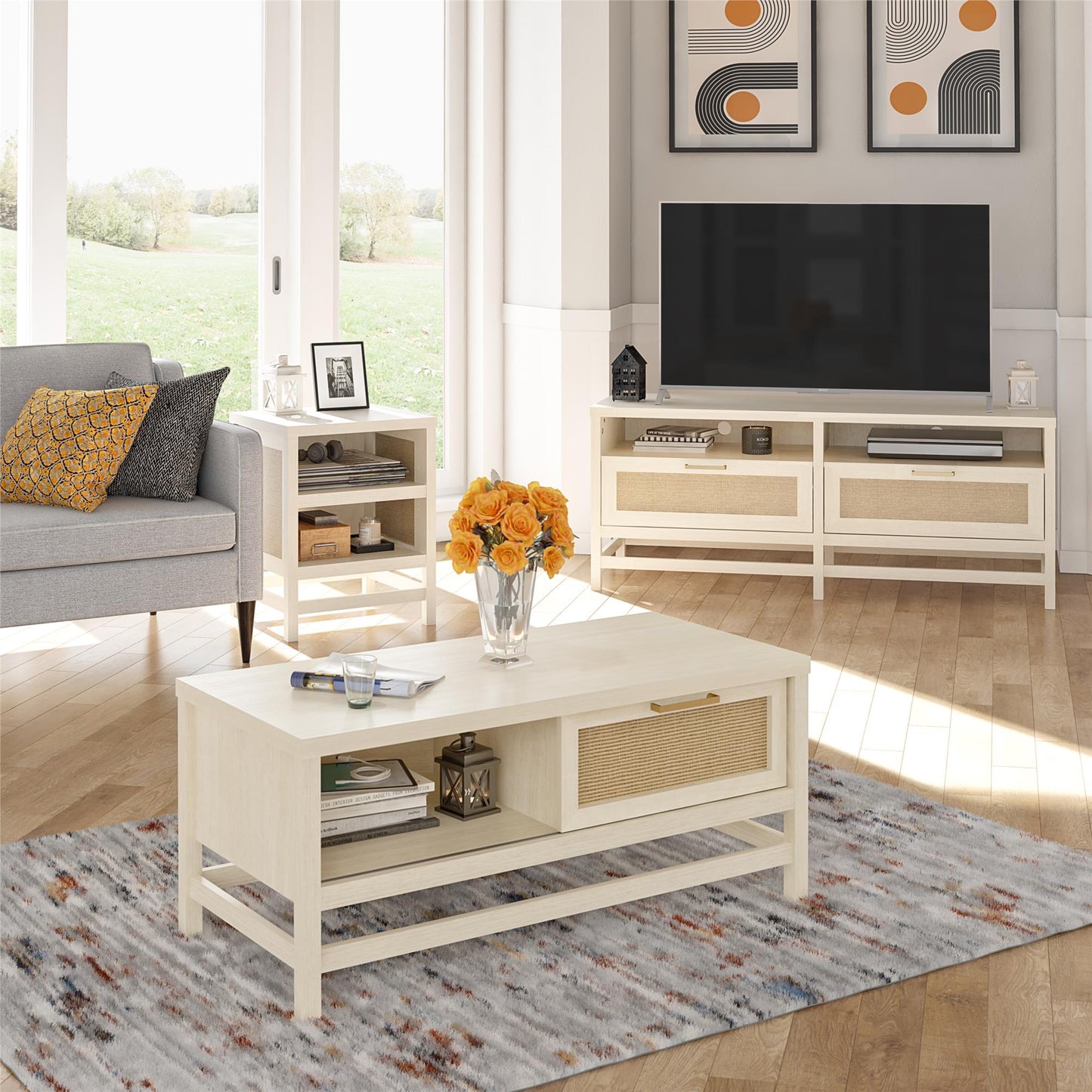 Lennon Coffee Table with Faux Rattan and Sliding Door - Ivory Oak