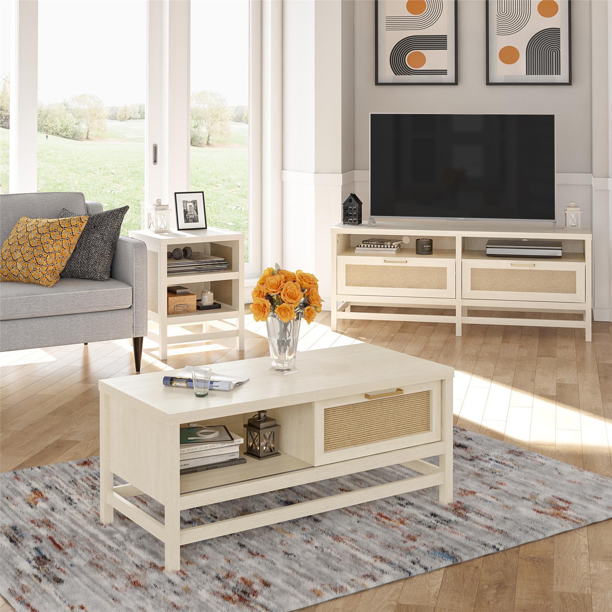 Lennon Coffee Table with Faux Rattan and Sliding Door - Ivory Oak