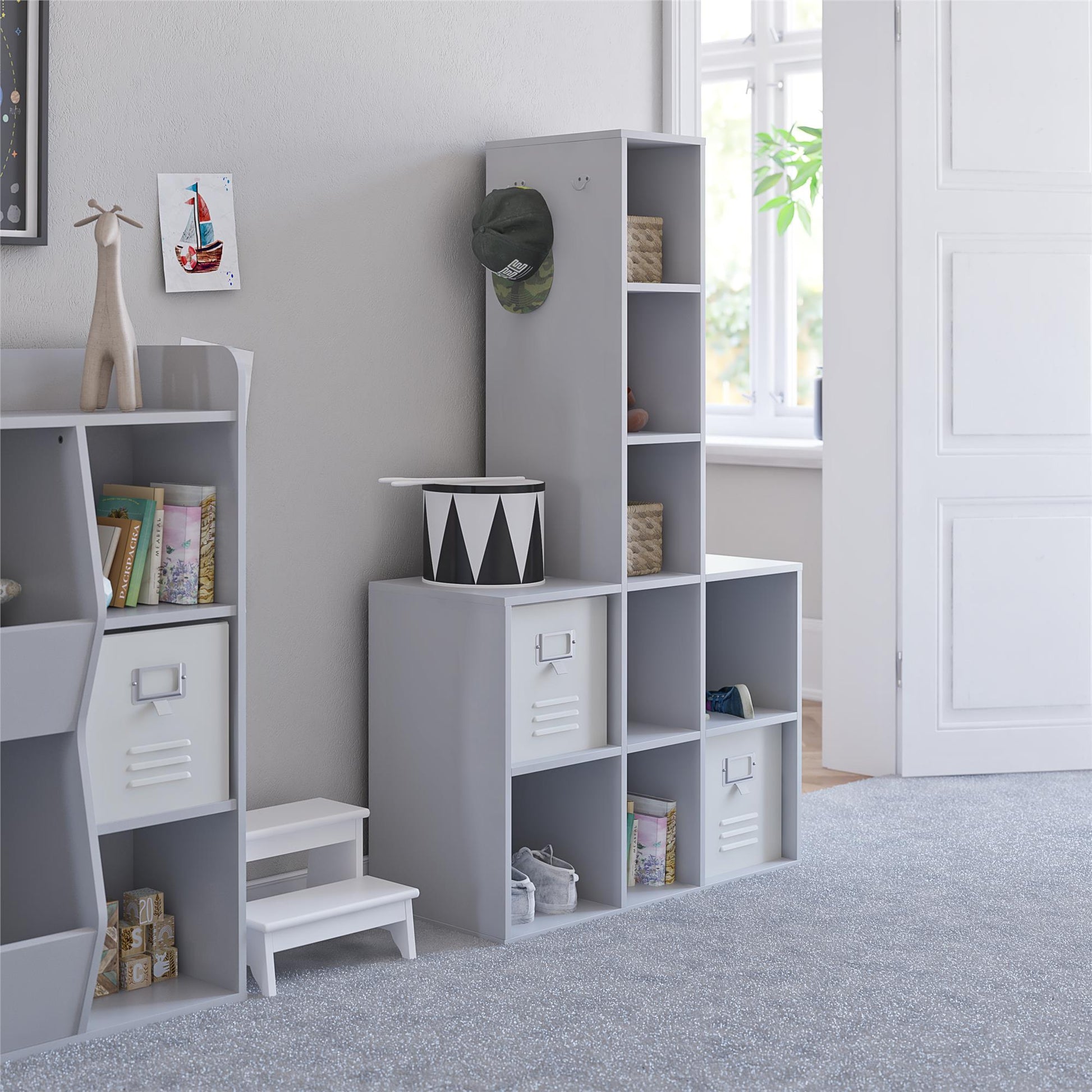 Jocelyn Kids Coat Rack with 9 Cube Storage and 4 Metal Hooks - Dove Gray