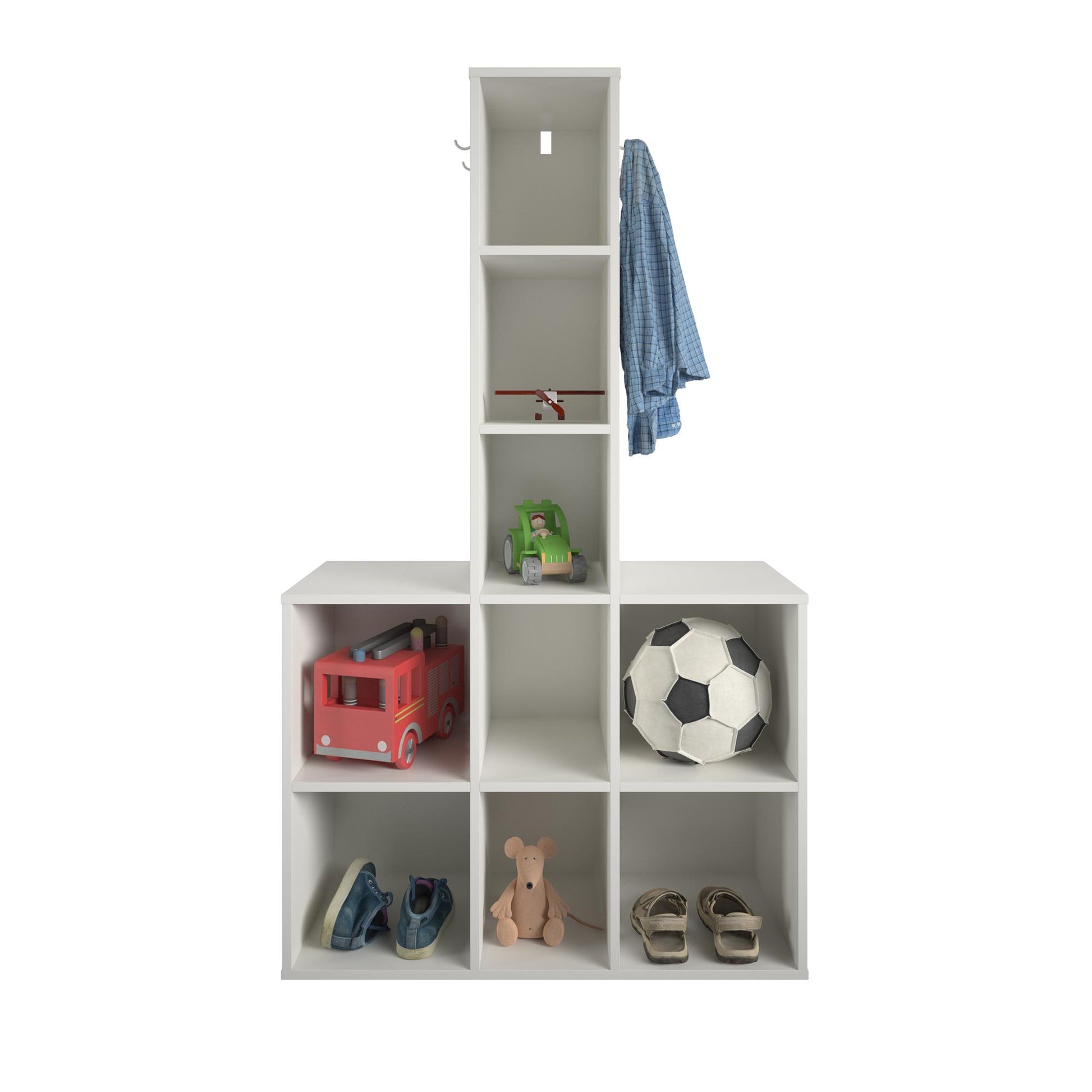 Jocelyn Kids Coat Rack with 9 Cube Storage and 4 Metal Hooks - White
