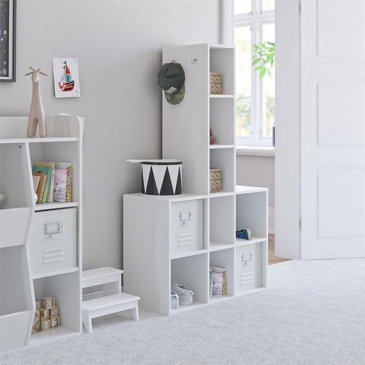 Jocelyn Kids Coat Rack with 9 Cube Storage and 4 Metal Hooks - White