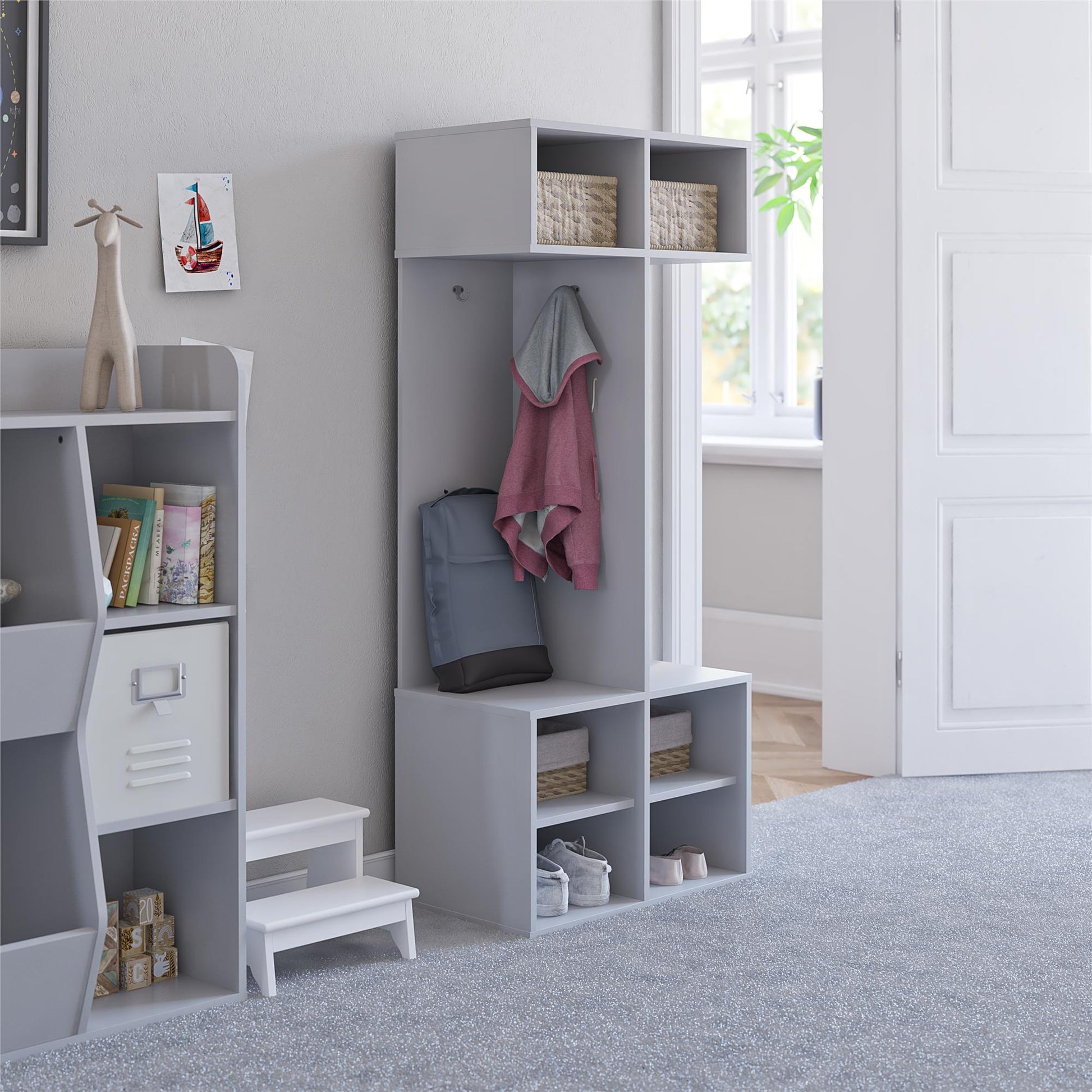 Jocelyn Kids Coat Rack with 6 Cube Storage and 4 Metal Hooks - Dove Gray