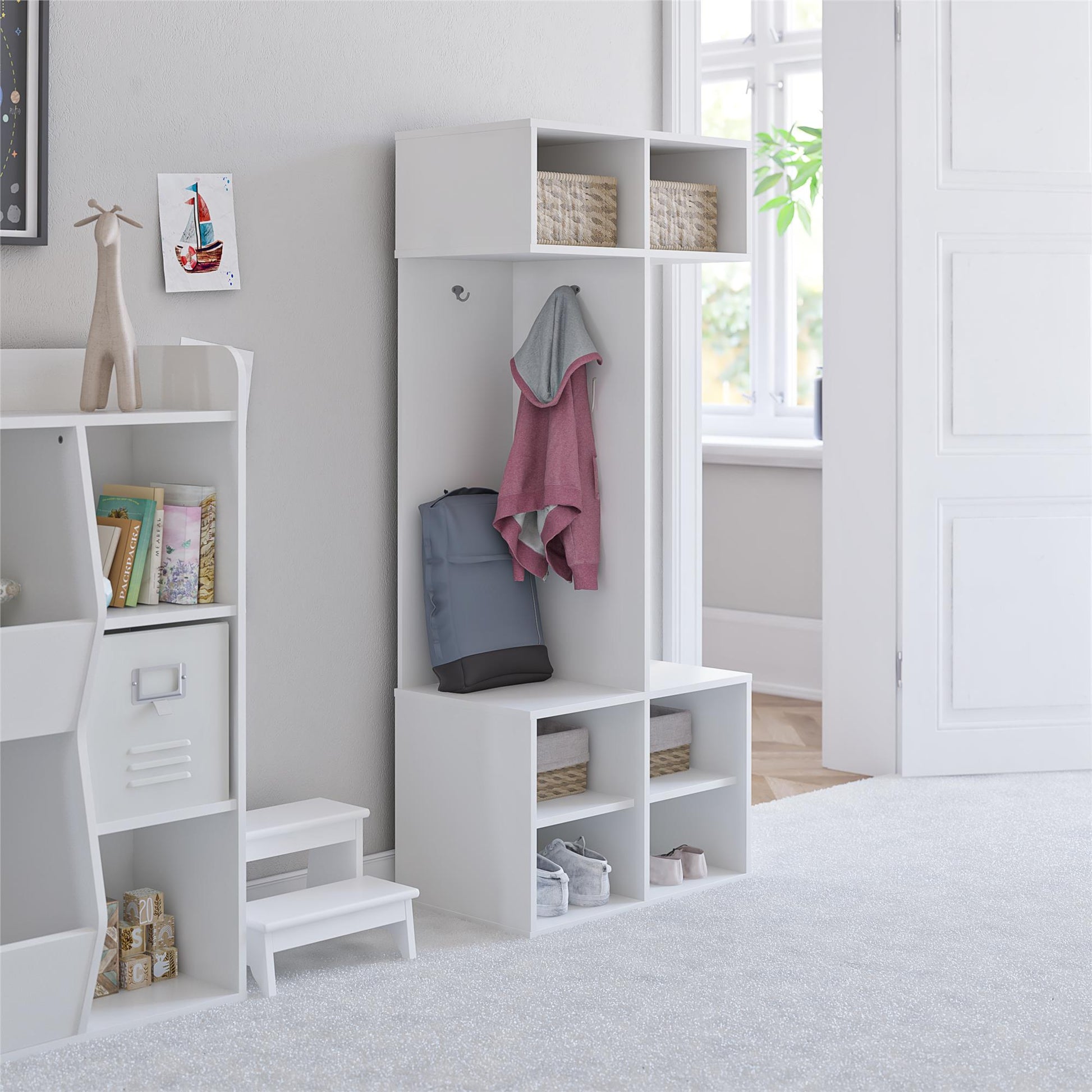 Jocelyn Kids Coat Rack with 6 Cube Storage and 4 Metal Hooks - White