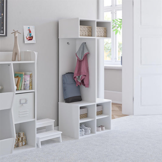 Jocelyn Kids Coat Rack with 6 Cube Storage and 4 Metal Hooks - White