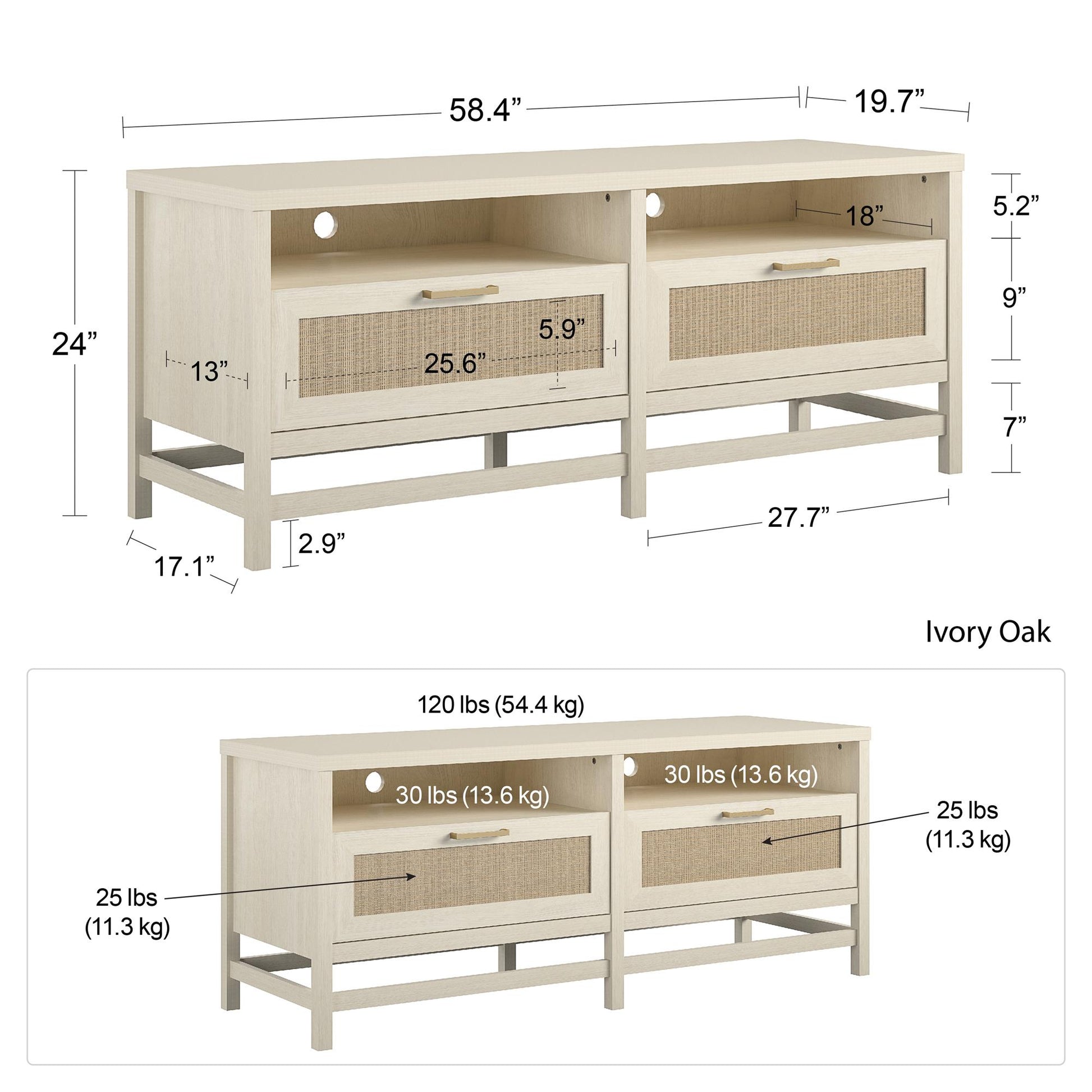 Lennon TV Stand for TVs up to 60 Inch with Faux Rattan and 2 Large Drawers - Ivory Oak