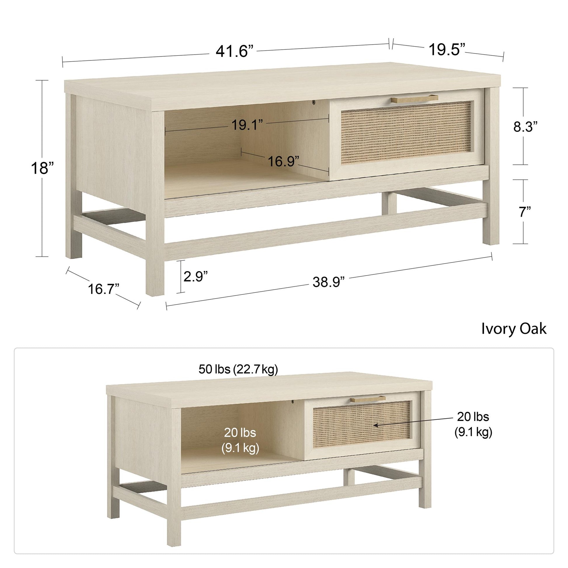 Lennon Coffee Table with Faux Rattan and Sliding Door - Ivory Oak