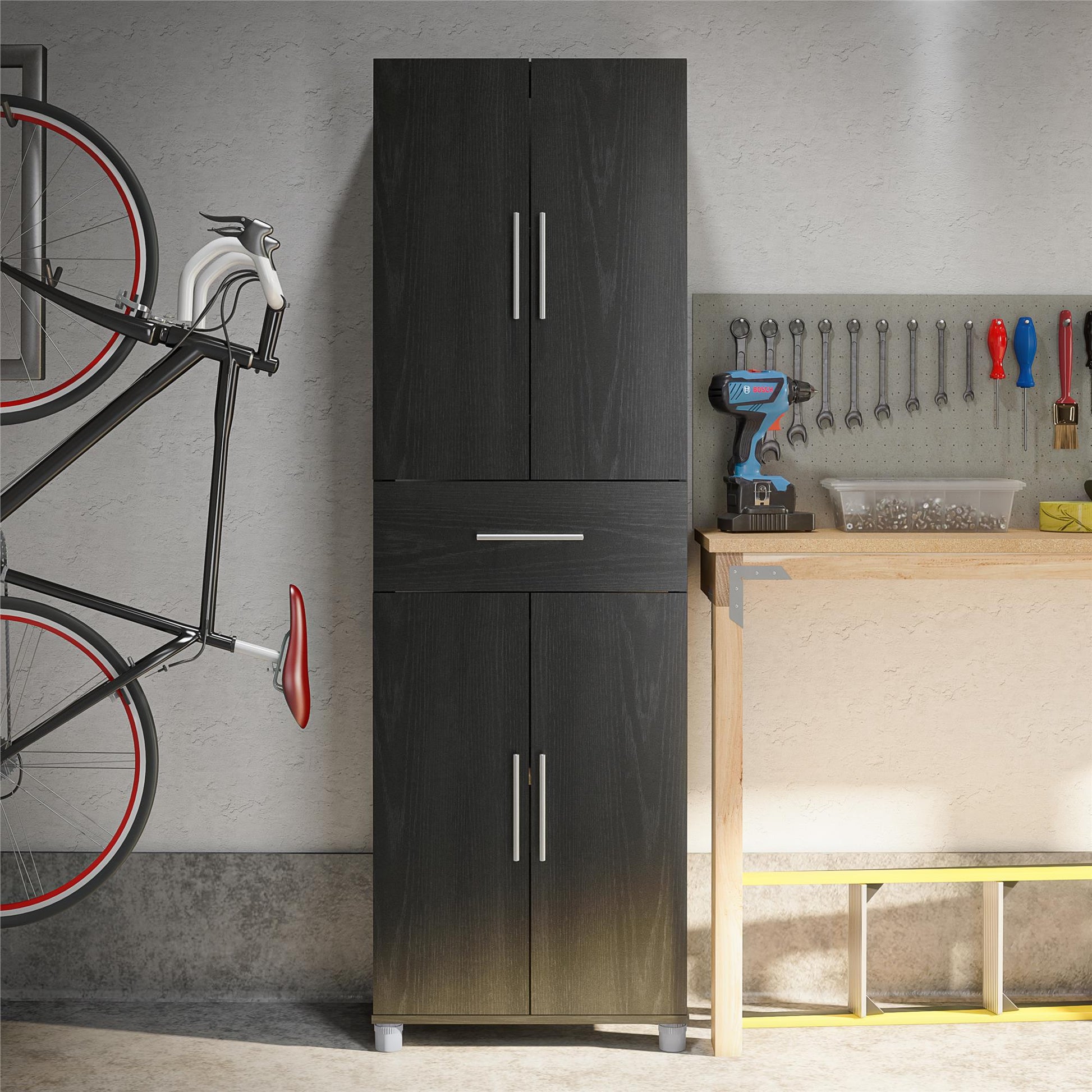 Camberly 4 Door/1 Drawer Storage Cabinet, Black Oak - Black Oak