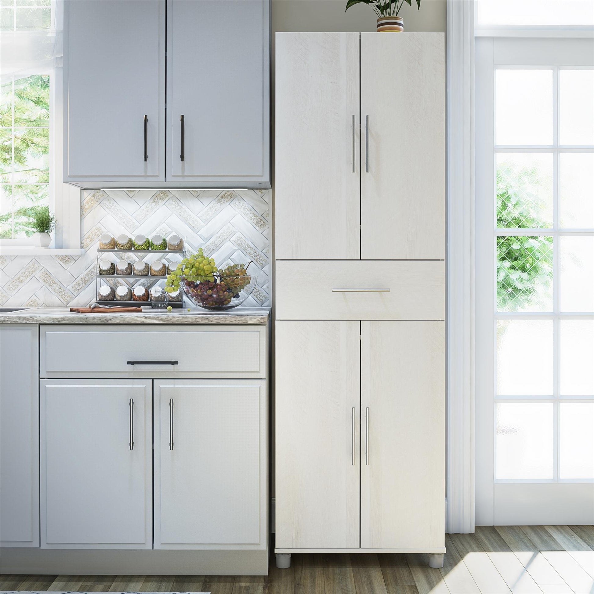 Camberly 4 Door/1 Drawer Storage Cabinet, Ivory Oak - Ivory Oak