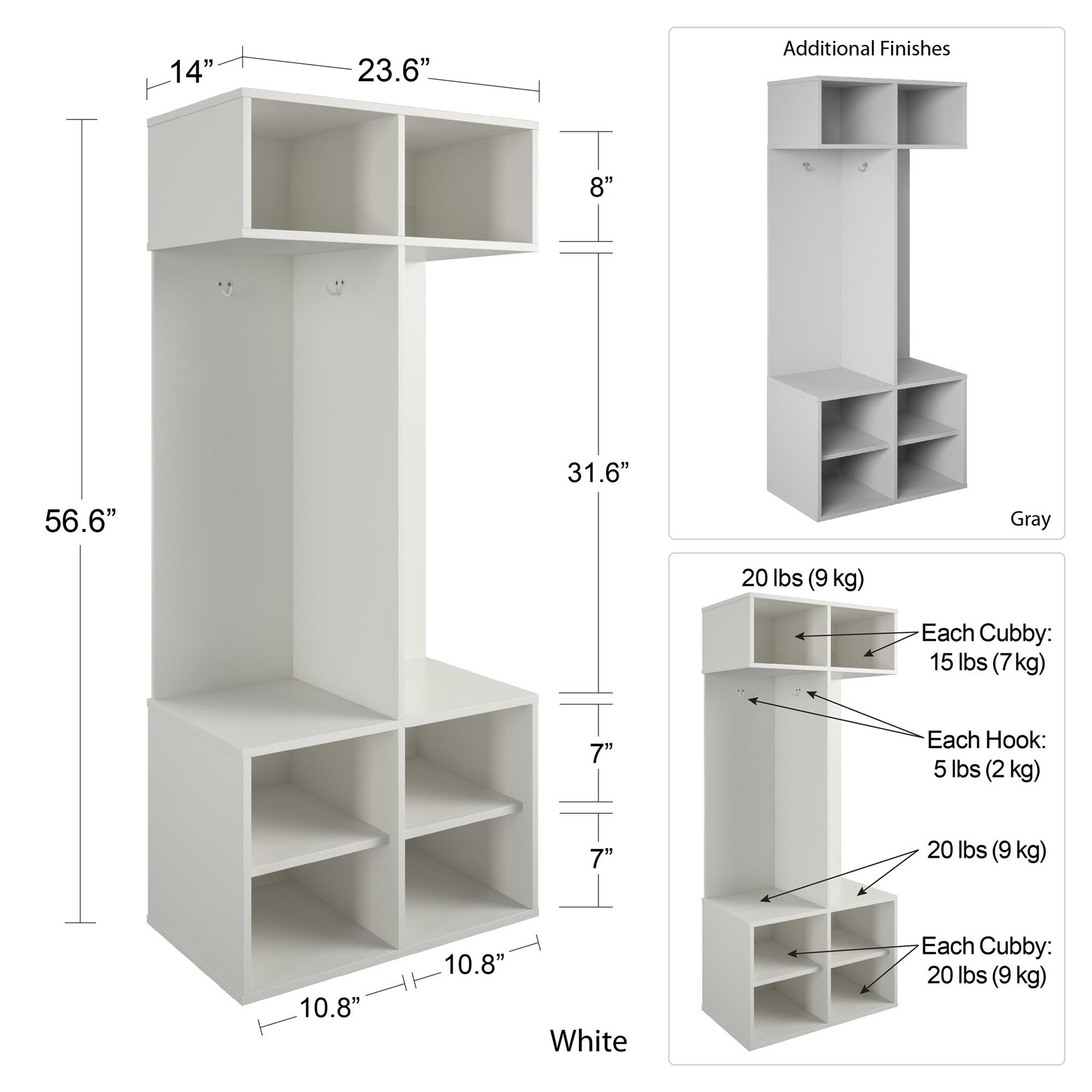 Jocelyn Kids Coat Rack with 6 Cube Storage and 4 Metal Hooks - Dove Gray
