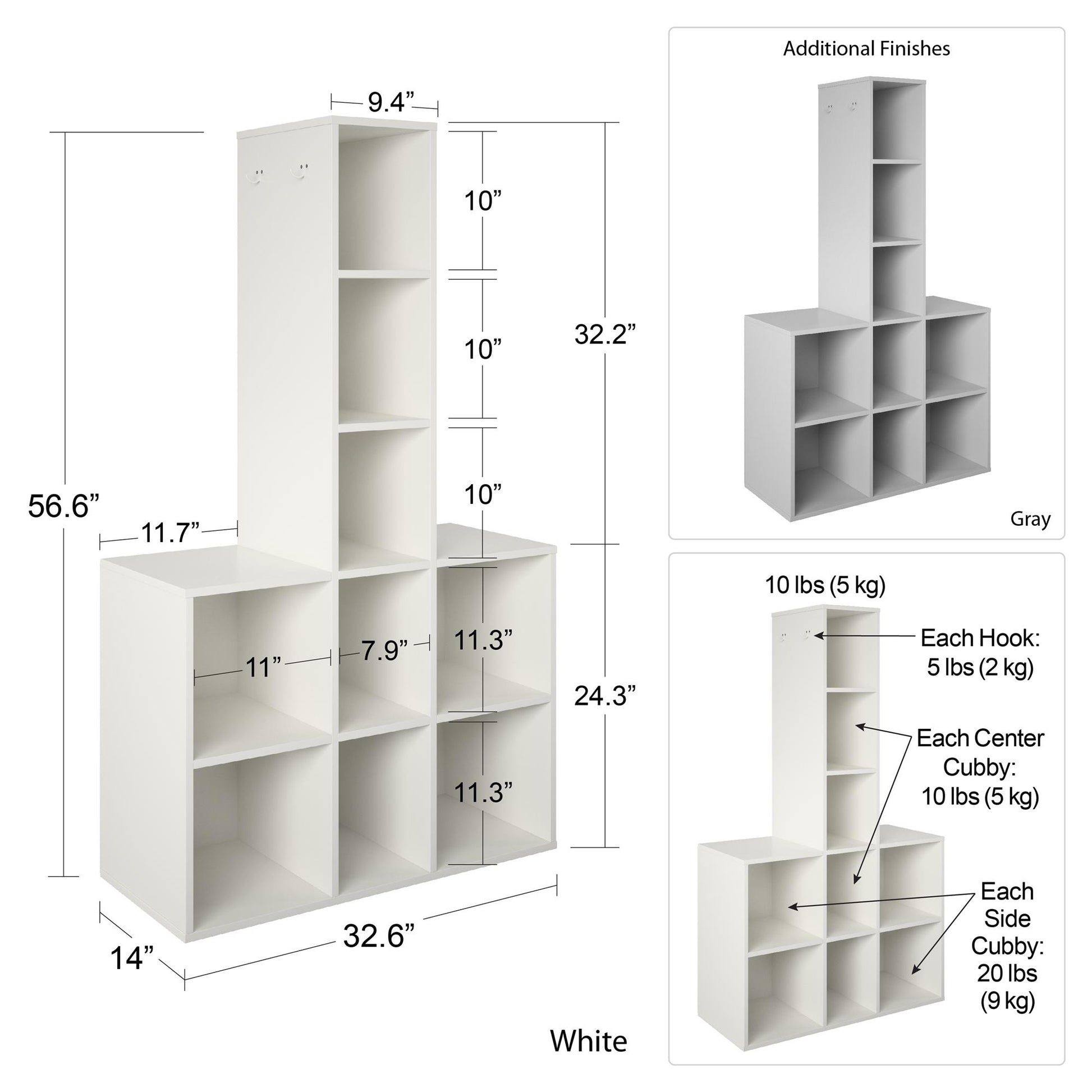 Jocelyn Kids Coat Rack with 9 Cube Storage and 4 Metal Hooks - White