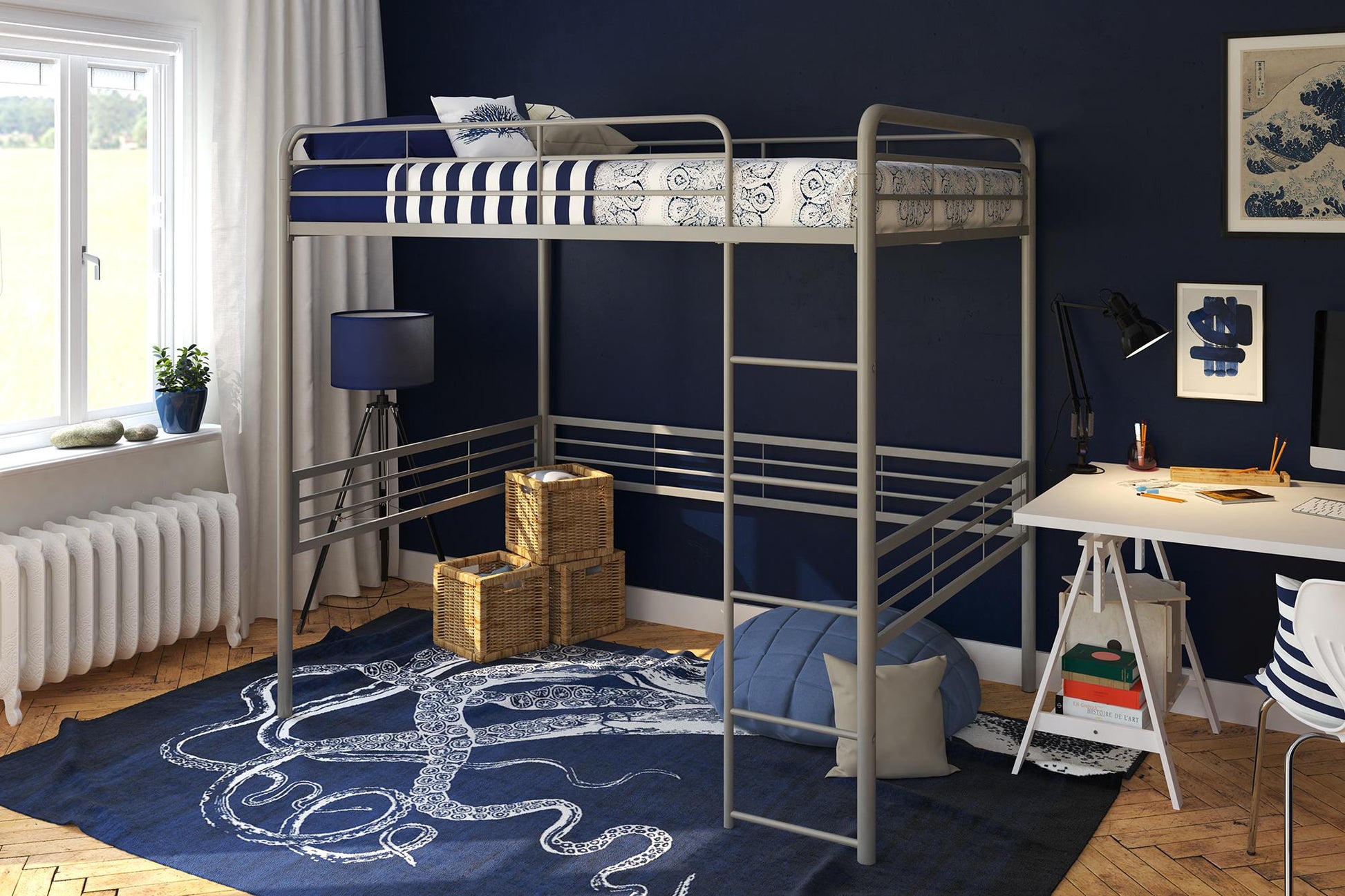 Tommy Full Metal Loft Bed with 59 Inches of Under Bed Storage - Silver - Full