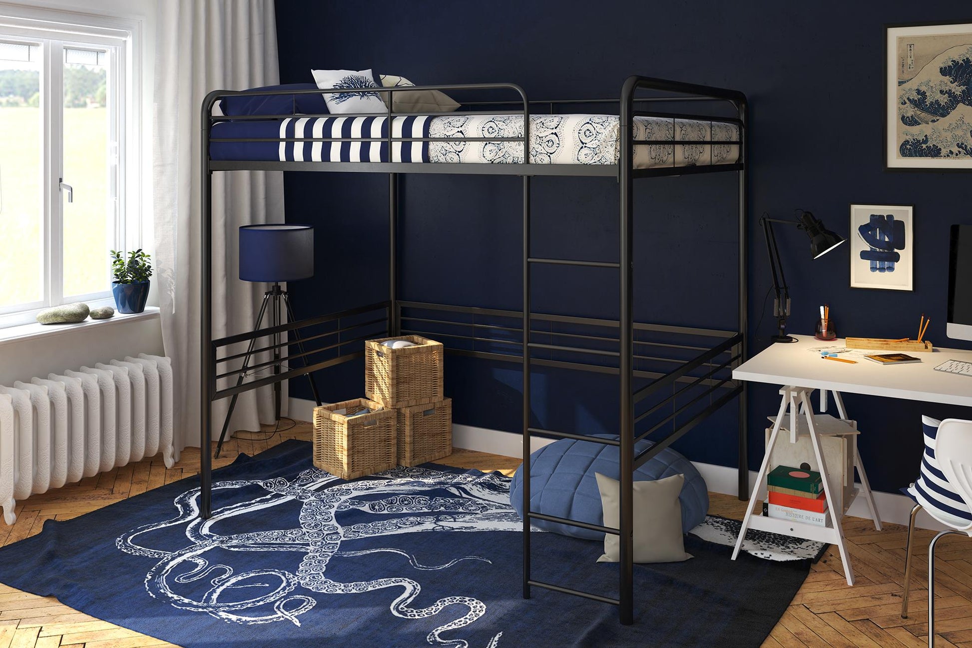 Tommy Full Metal Loft Bed with 59 Inches of Under Bed Storage - Black - Full