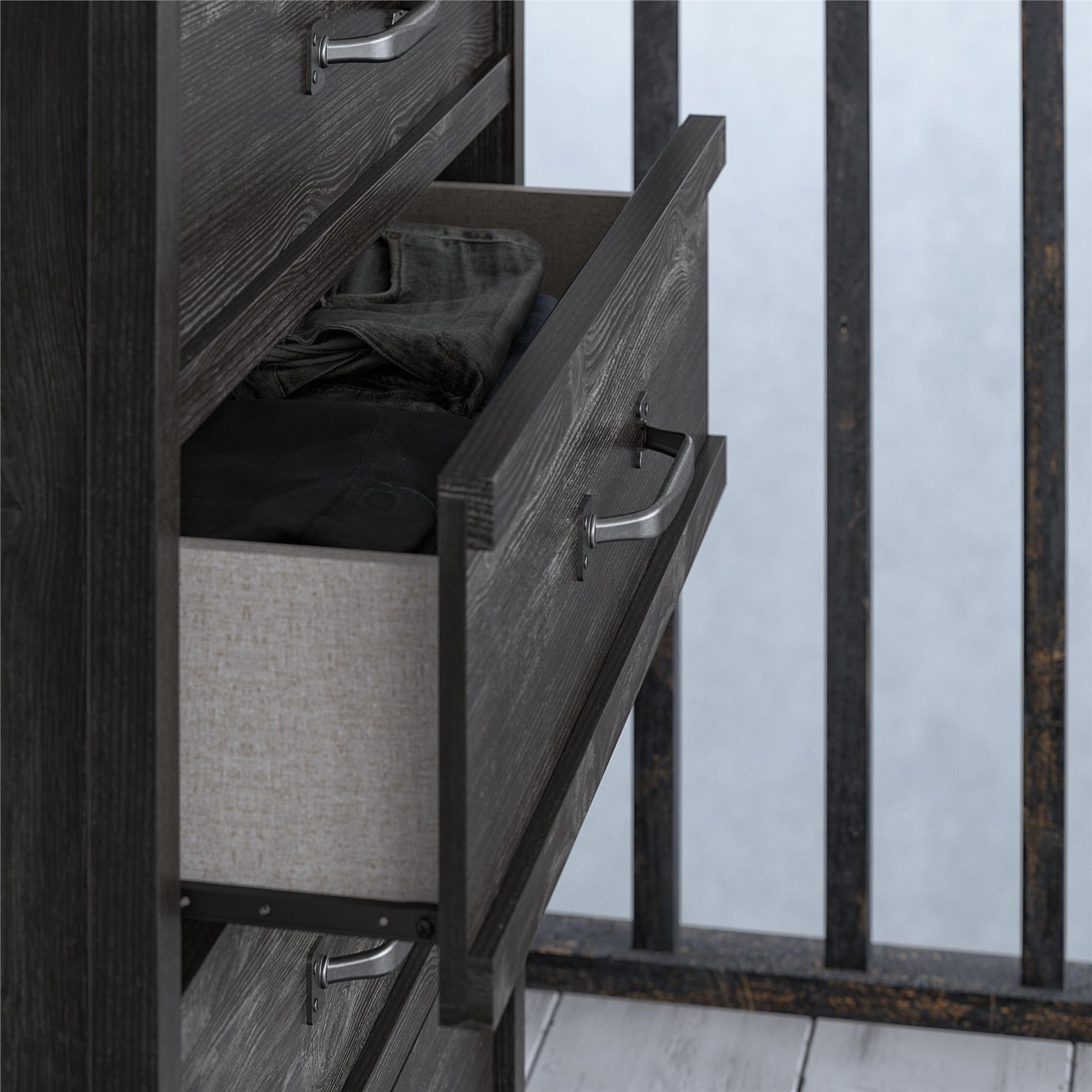 Draven Rustic Modern 5 Drawer Dresser with Pewter Handles - Black Oak