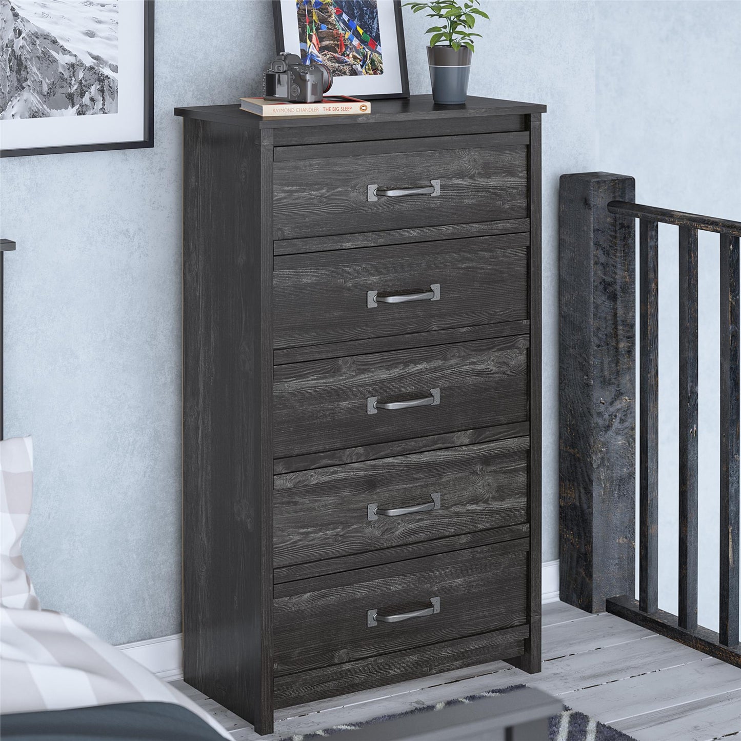 Draven Rustic Modern 5 Drawer Dresser with Pewter Handles - Black Oak