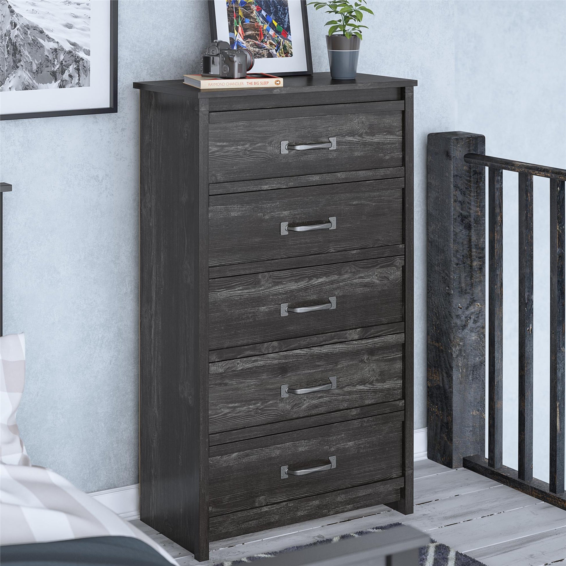 Draven Rustic Modern 5 Drawer Dresser with Pewter Handles - Black Oak