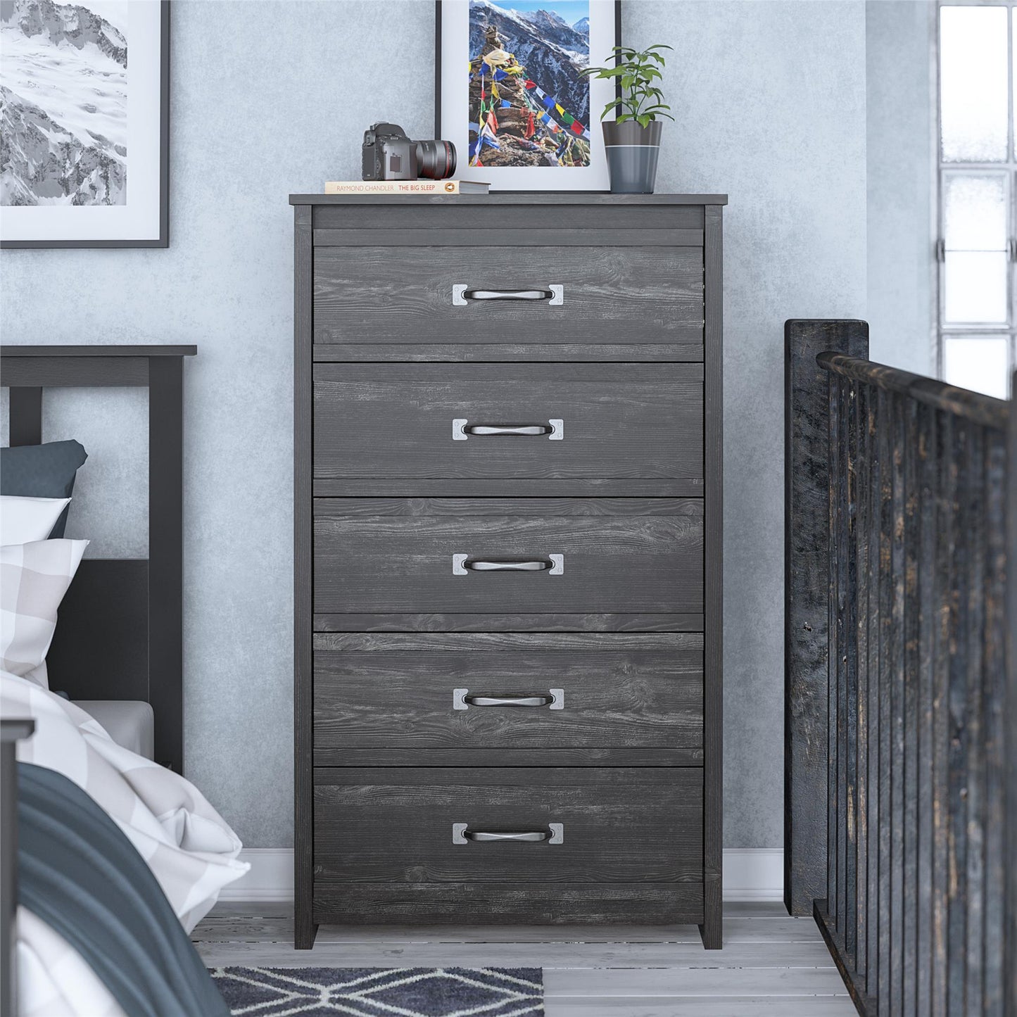 Draven Rustic Modern 5 Drawer Dresser with Pewter Handles - Black Oak