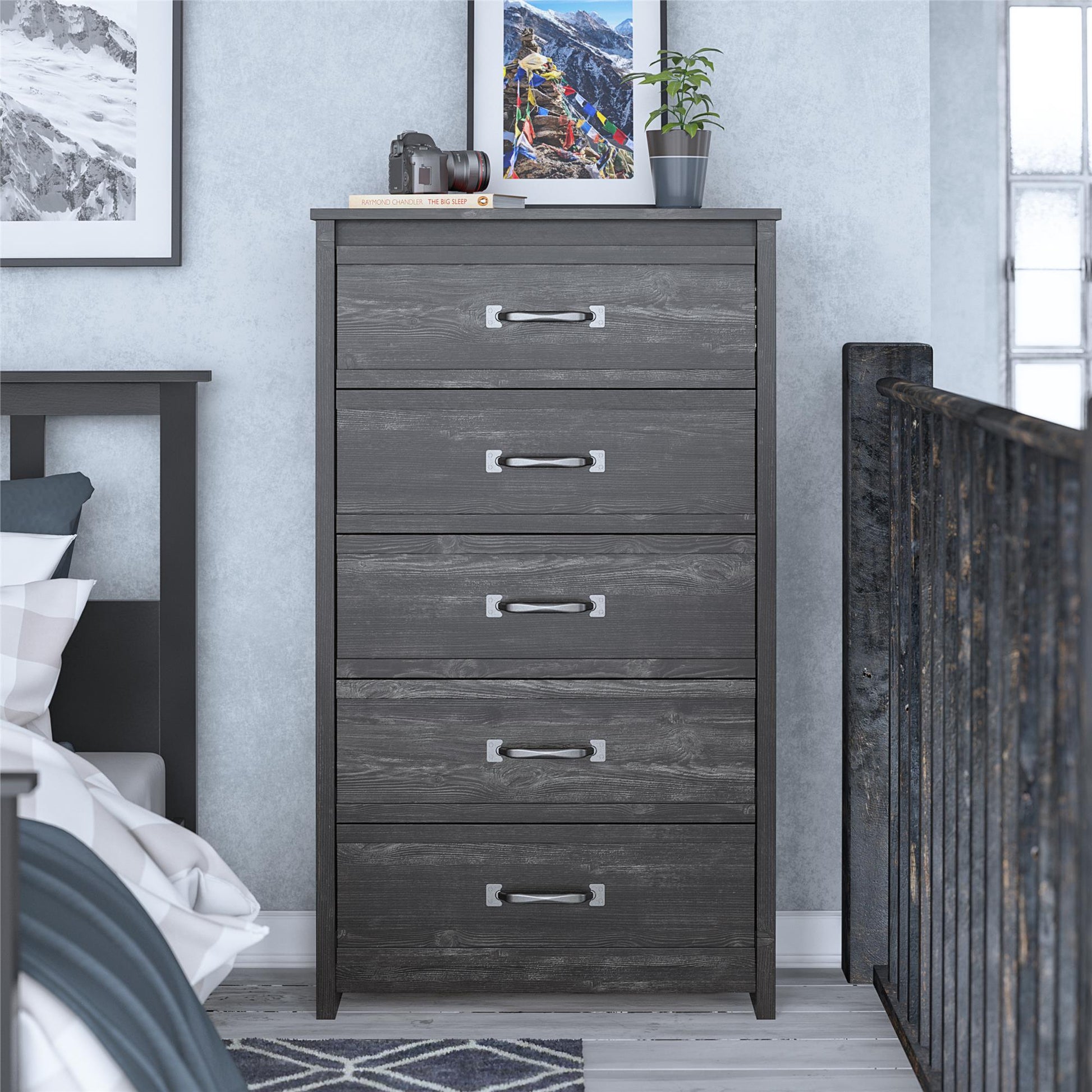 Draven Rustic Modern 5 Drawer Dresser with Pewter Handles - Black Oak