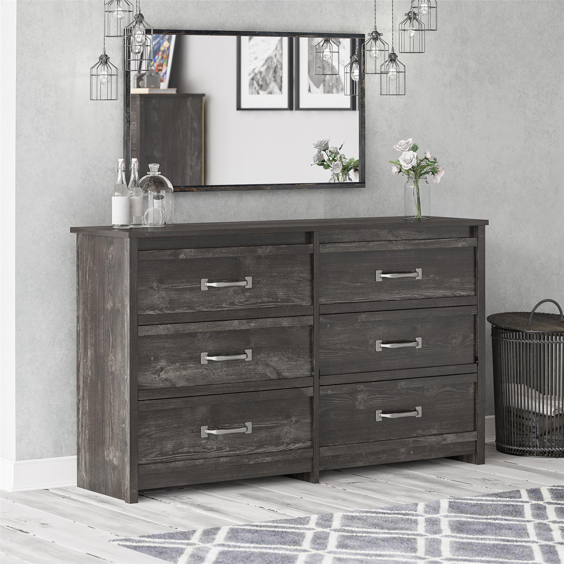 Draven Rustic Modern 6 Drawer Dresser with Pewter Handles - Black Oak