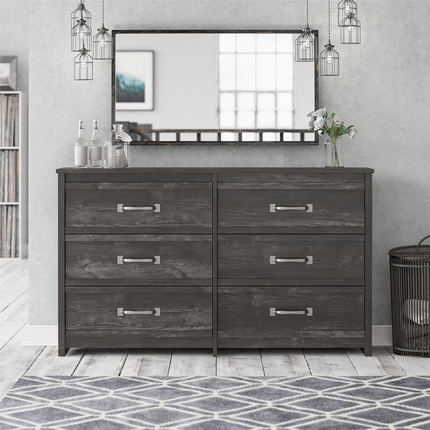 Draven Rustic Modern 6 Drawer Dresser with Pewter Handles - Black Oak